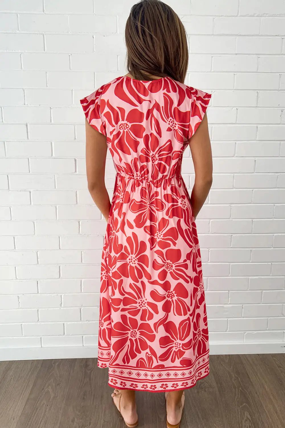 Grateful Threads Boutique Red Boho Floral Short Sleeve V-Neck Buttoned Shirred Waist Long Dress - Dresses Red Boho Floral Short Sleeve V Neck Buttoned Shirred Waist Long Dress