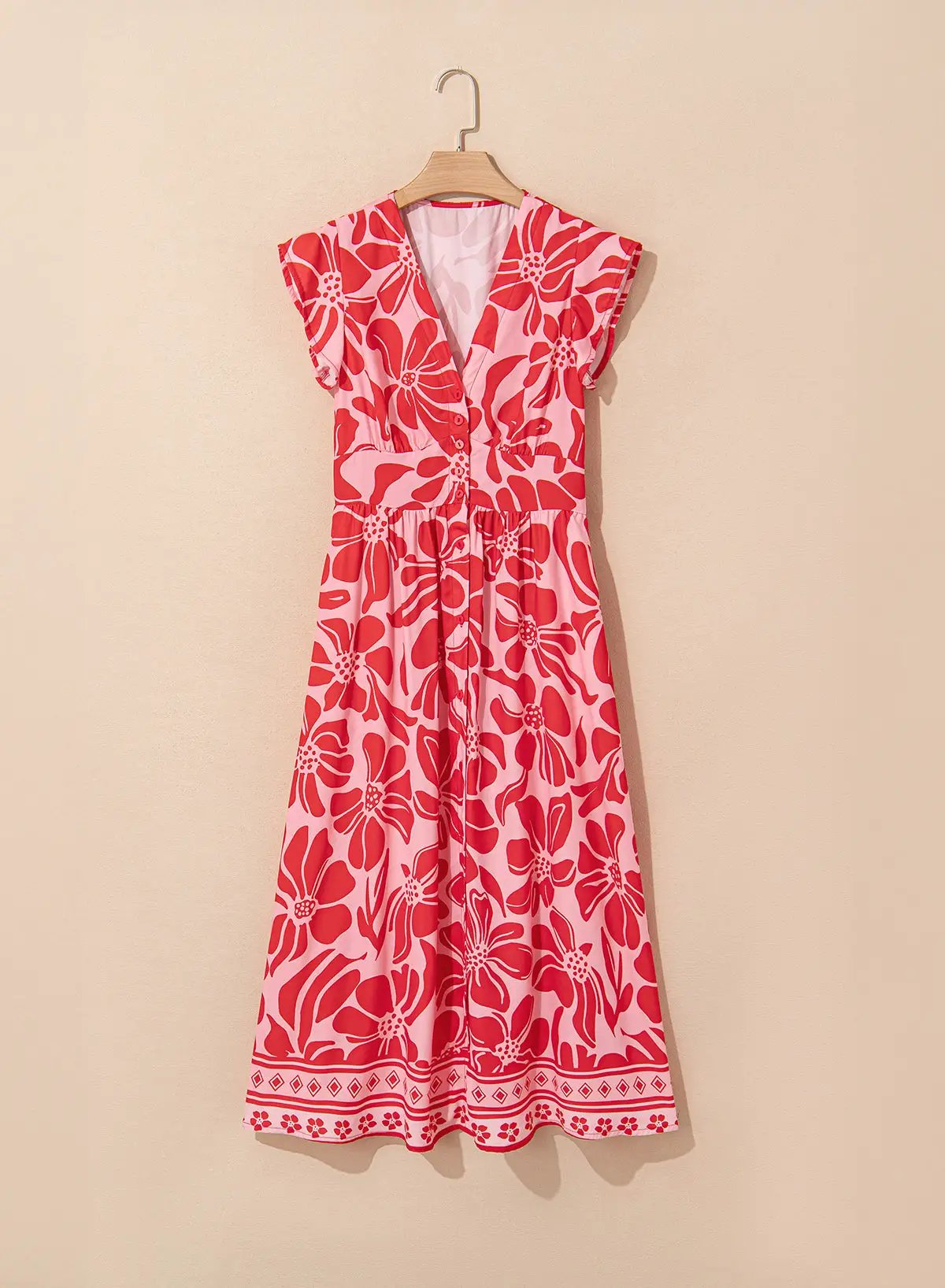 Grateful Threads Boutique Red Boho Floral Short Sleeve V-Neck Buttoned Shirred Waist Long Dress - Dresses Red Boho Floral Short Sleeve V Neck Buttoned Shirred Waist Long Dress