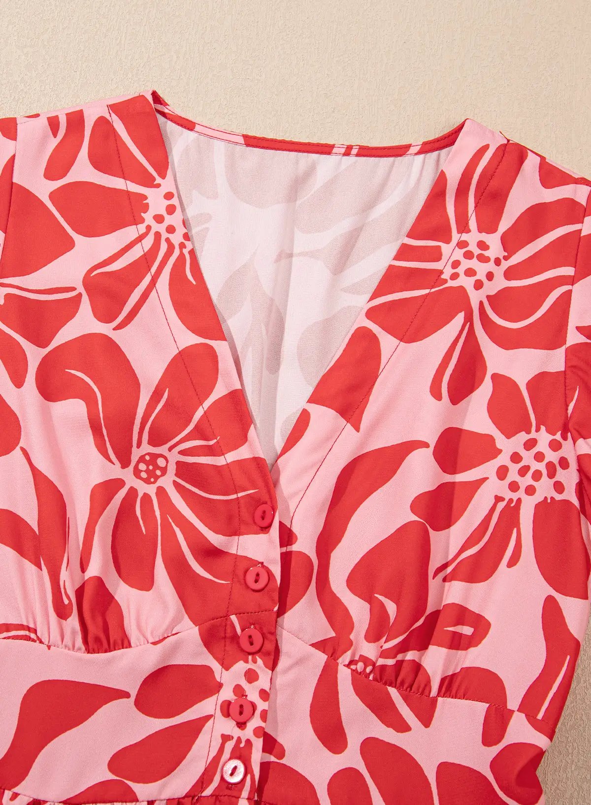 Grateful Threads Boutique Red Boho Floral Short Sleeve V-Neck Buttoned Shirred Waist Long Dress - Dresses Red Boho Floral Short Sleeve V Neck Buttoned Shirred Waist Long Dress