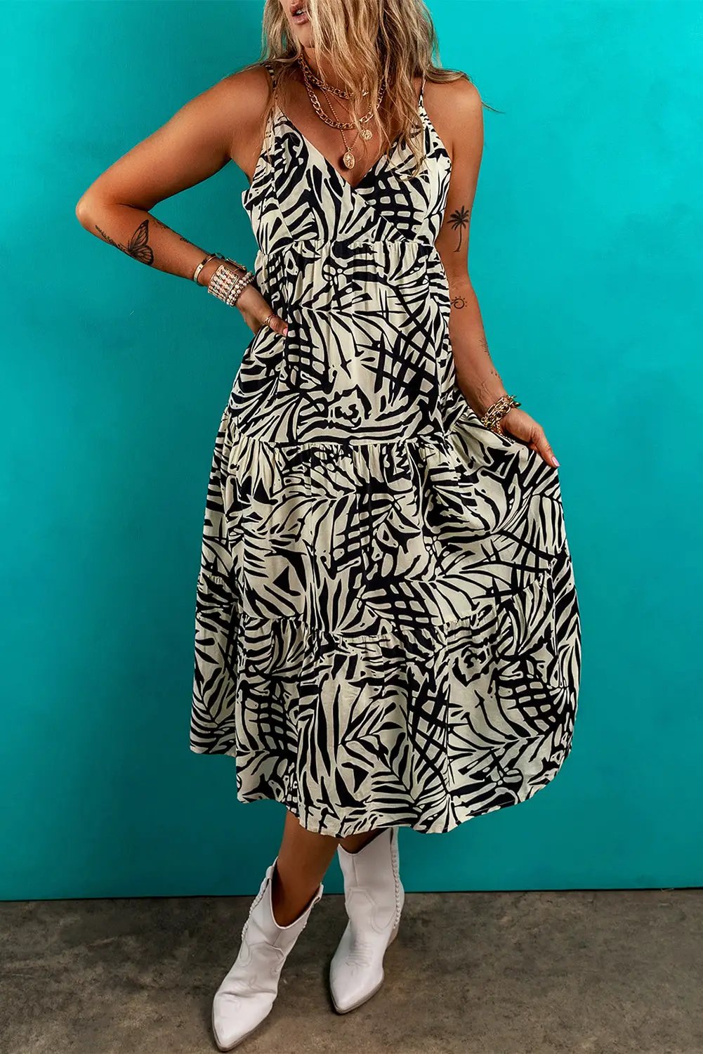Grateful Threads Boutique Khaki Tropical Palm Print Wrapped V-Neck Spaghetti Straps Tiered Dress - Dresses Khaki Tropical Palm Print Wrapped V Neck Spaghetti Straps Tiered Dress