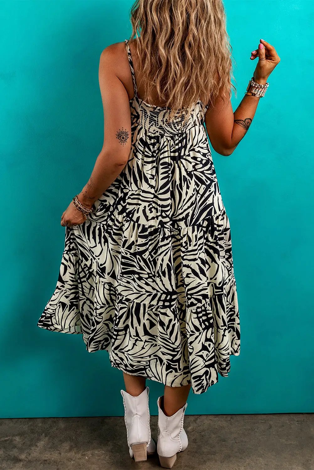 Grateful Threads Boutique Khaki Tropical Palm Print Wrapped V-Neck Spaghetti Straps Tiered Dress - Dresses Khaki Tropical Palm Print Wrapped V Neck Spaghetti Straps Tiered Dress