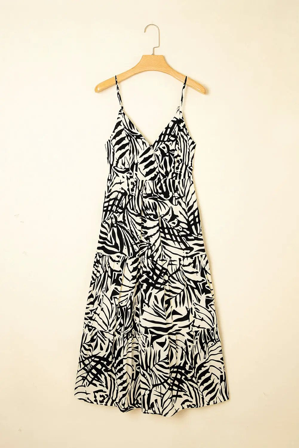 Grateful Threads Boutique Khaki Tropical Palm Print Wrapped V-Neck Spaghetti Straps Tiered Dress - Dresses Khaki Tropical Palm Print Wrapped V Neck Spaghetti Straps Tiered Dress