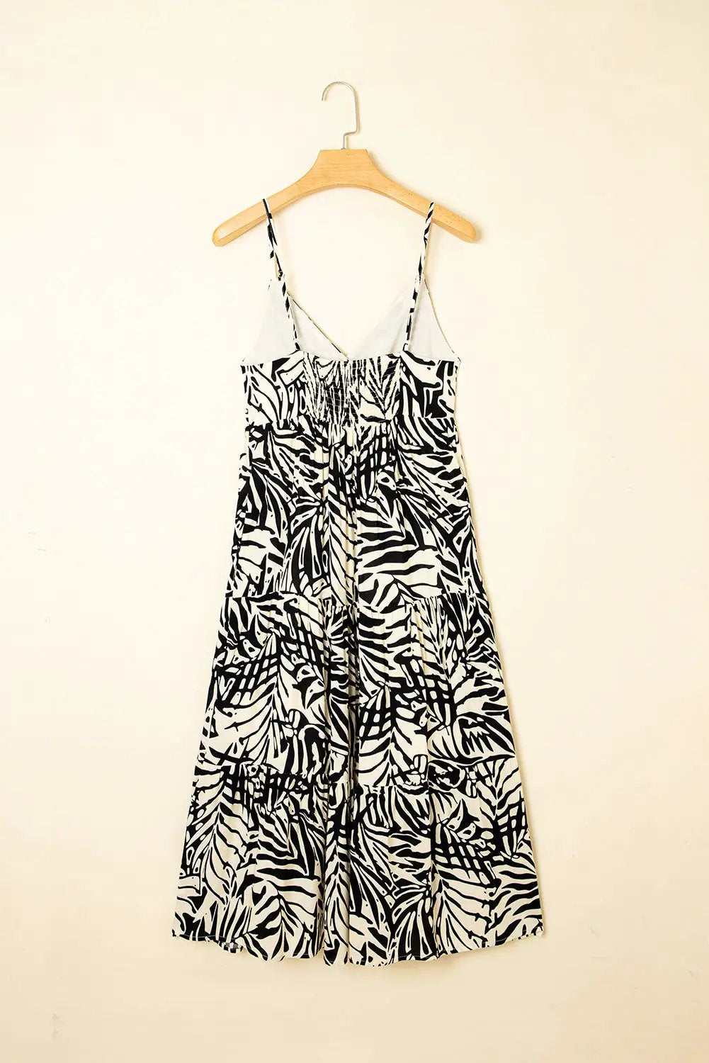 Grateful Threads Boutique Khaki Tropical Palm Print Wrapped V-Neck Spaghetti Straps Tiered Dress - Dresses Khaki Tropical Palm Print Wrapped V Neck Spaghetti Straps Tiered Dress