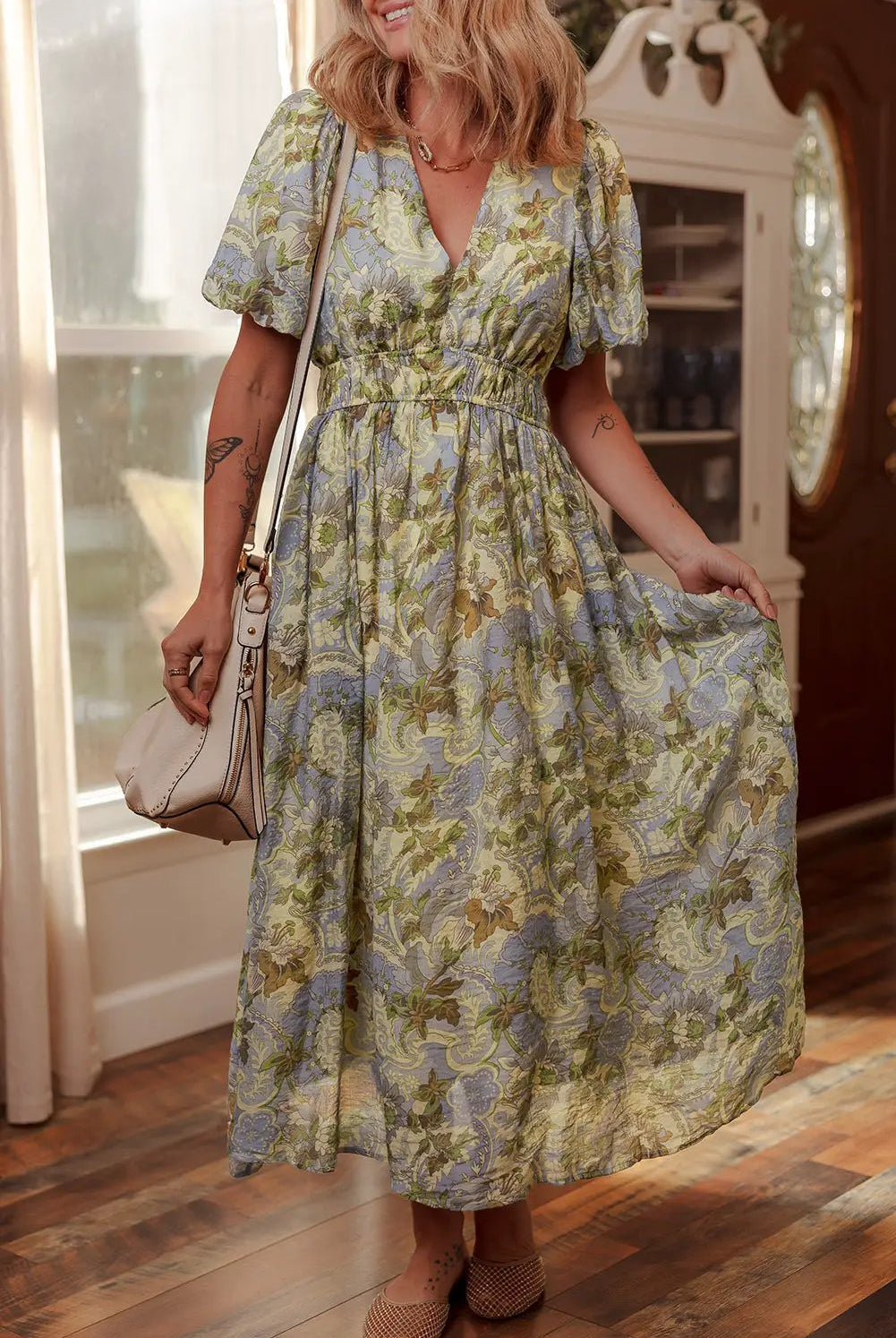 Grateful Threads Boutique Multicolor Vintage Floral V-Neck Short Puff Sleeve Long Dress - Dresses Multicolor Vintage Floral V Neck Short Puff Sleeve Long Dress