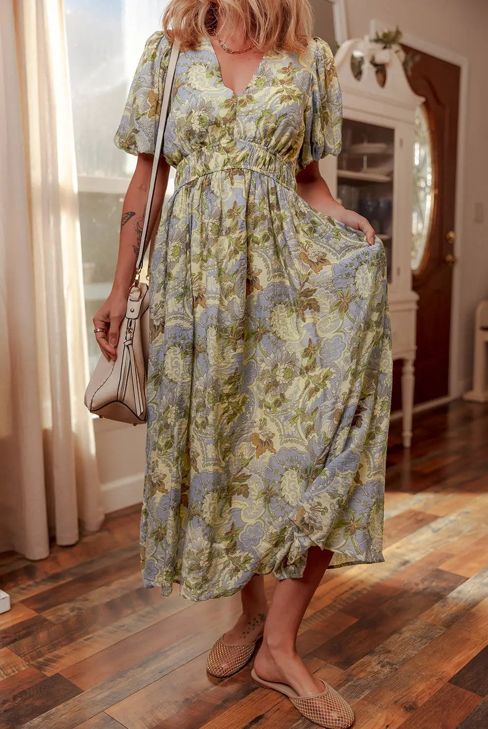 Grateful Threads Boutique Multicolor Vintage Floral V-Neck Short Puff Sleeve Long Dress - Dresses Multicolor Vintage Floral V Neck Short Puff Sleeve Long Dress