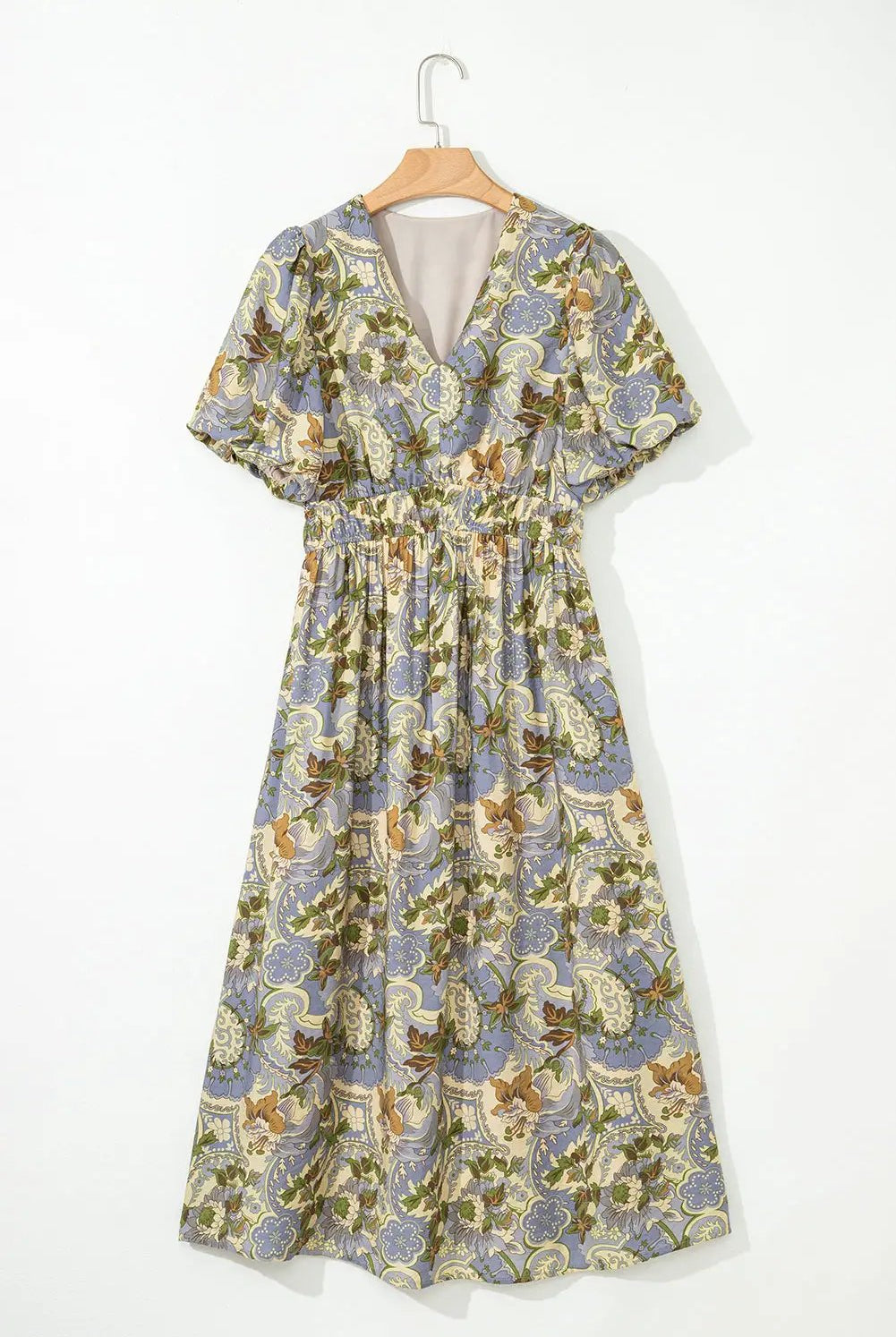 Grateful Threads Boutique Multicolor Vintage Floral V-Neck Short Puff Sleeve Long Dress - Dresses Multicolor Vintage Floral V Neck Short Puff Sleeve Long Dress