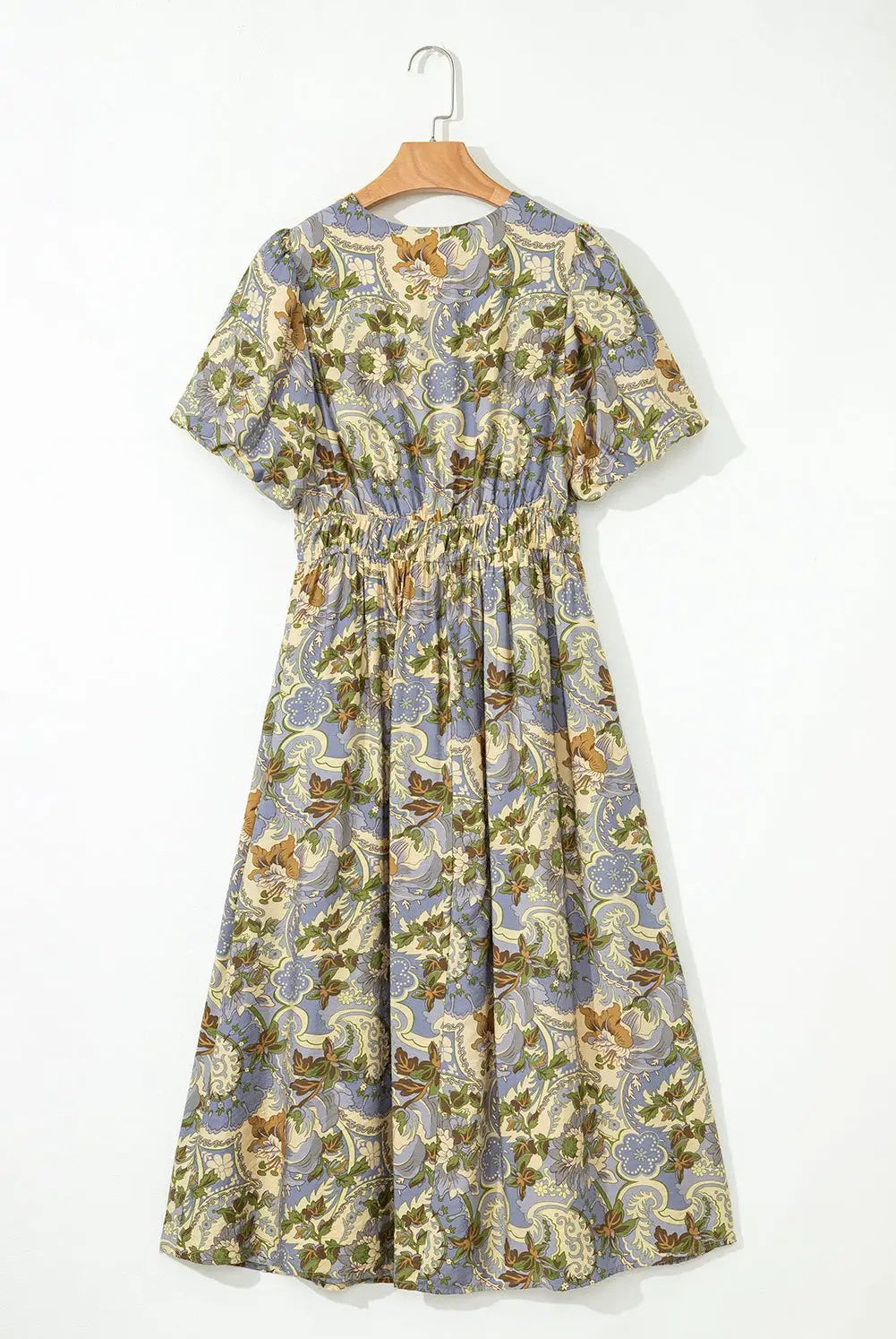 Grateful Threads Boutique Multicolor Vintage Floral V-Neck Short Puff Sleeve Long Dress - Dresses Multicolor Vintage Floral V Neck Short Puff Sleeve Long Dress