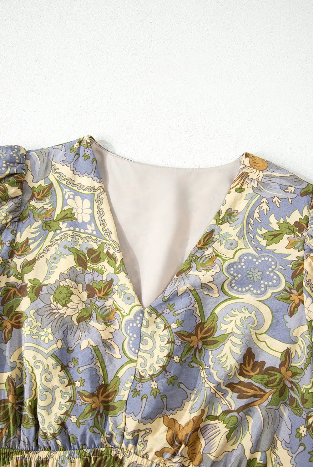 Grateful Threads Boutique Multicolor Vintage Floral V-Neck Short Puff Sleeve Long Dress - Dresses Multicolor Vintage Floral V Neck Short Puff Sleeve Long Dress