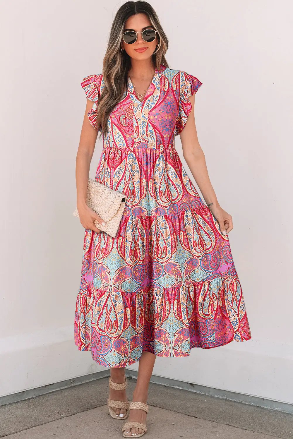 Grateful Threads Boutique Rose Tribal Paisley Print Ruffled Sleeve Notch Neck Midi Dress - Dresses Rose Tribal Paisley Print Ruffled Sleeve Notch Neck Midi Dress