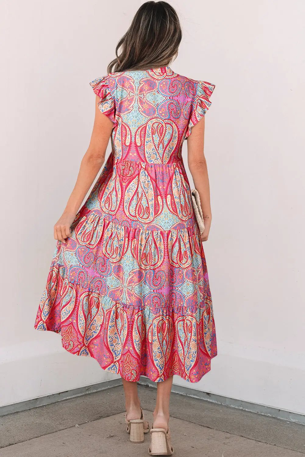 Grateful Threads Boutique Rose Tribal Paisley Print Ruffled Sleeve Notch Neck Midi Dress - Dresses Rose Tribal Paisley Print Ruffled Sleeve Notch Neck Midi Dress
