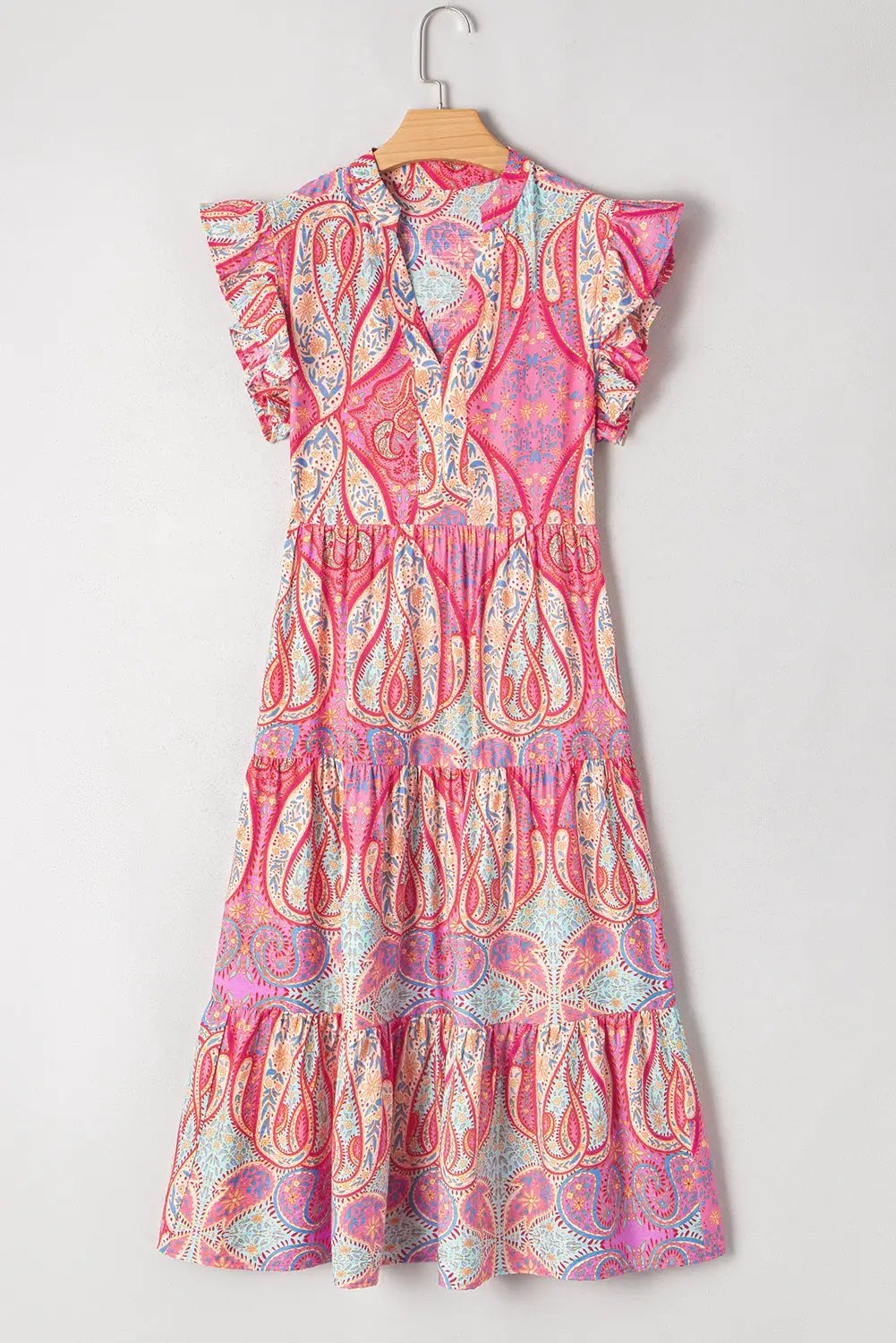 Grateful Threads Boutique Rose Tribal Paisley Print Ruffled Sleeve Notch Neck Midi Dress - Dresses Rose Tribal Paisley Print Ruffled Sleeve Notch Neck Midi Dress