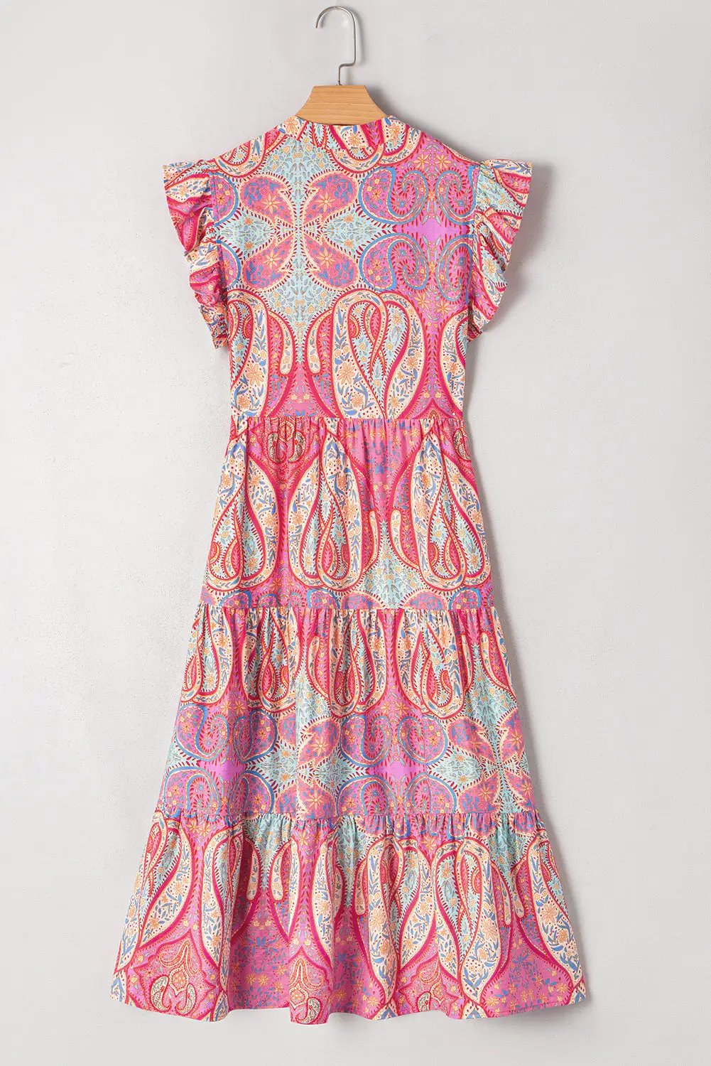 Grateful Threads Boutique Rose Tribal Paisley Print Ruffled Sleeve Notch Neck Midi Dress - Dresses Rose Tribal Paisley Print Ruffled Sleeve Notch Neck Midi Dress