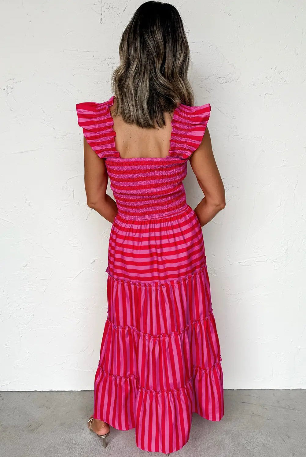 Grateful Threads Boutique Rose Stripe Flutter Sleeve Smocked Bodice Tiered Maxi Dress - Dresses Rose Stripe Flutter Sleeve Smocked Bodice Tiered Maxi Dress