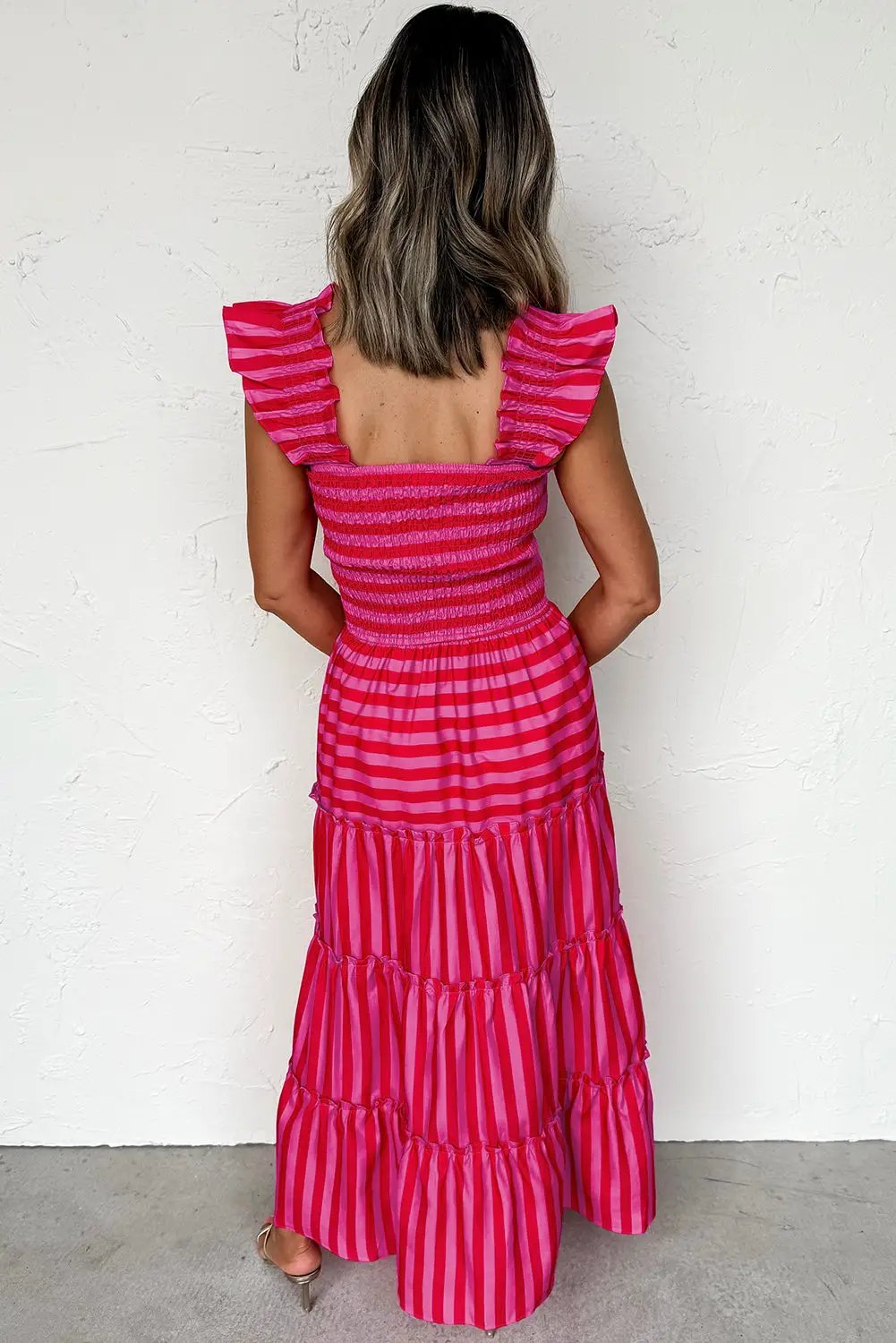 Grateful Threads Boutique Rose Stripe Flutter Sleeve Smocked Bodice Tiered Maxi Dress - Dresses Rose Stripe Flutter Sleeve Smocked Bodice Tiered Maxi Dress