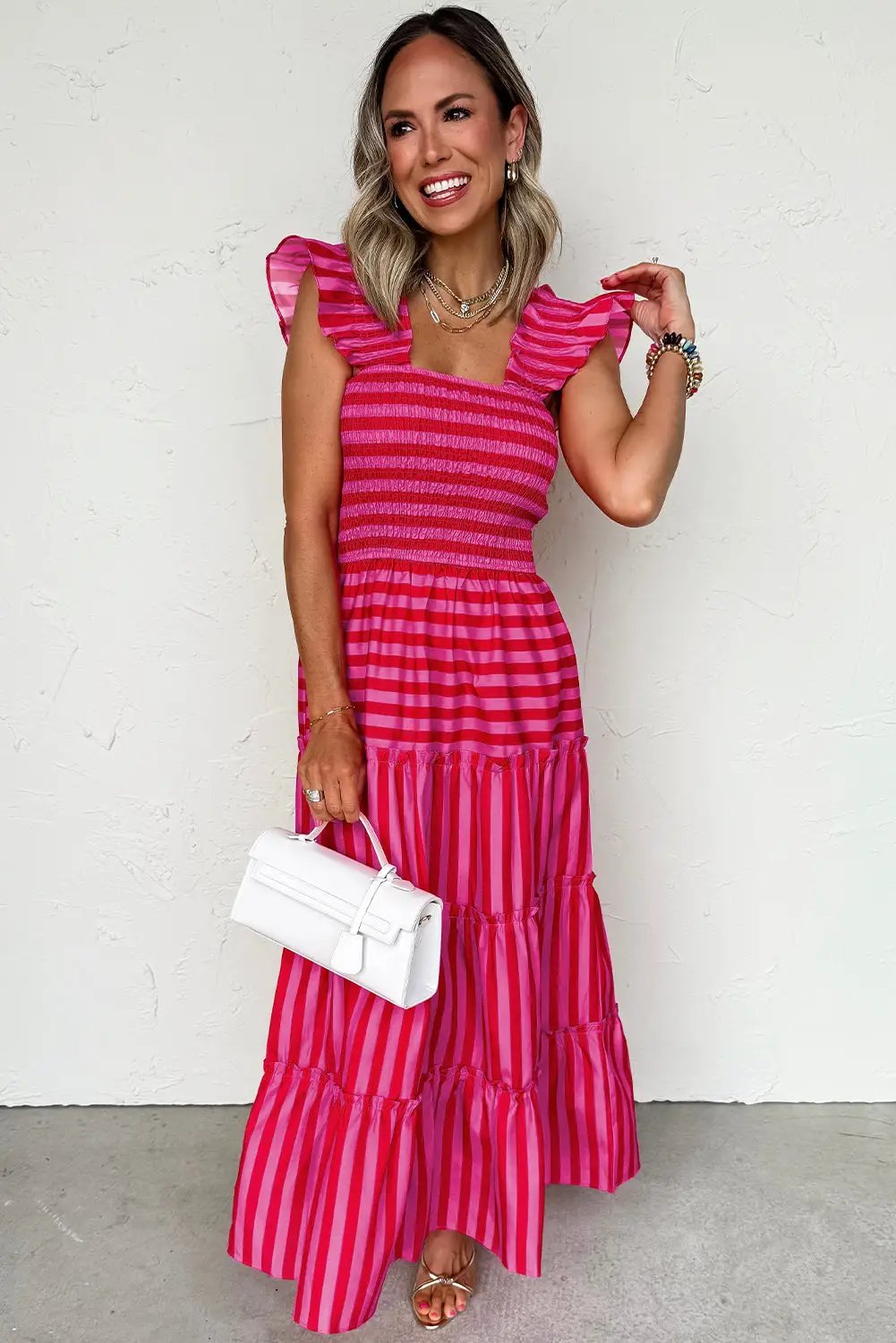 Grateful Threads Boutique Rose Stripe Flutter Sleeve Smocked Bodice Tiered Maxi Dress - Dresses Rose Stripe Flutter Sleeve Smocked Bodice Tiered Maxi Dress