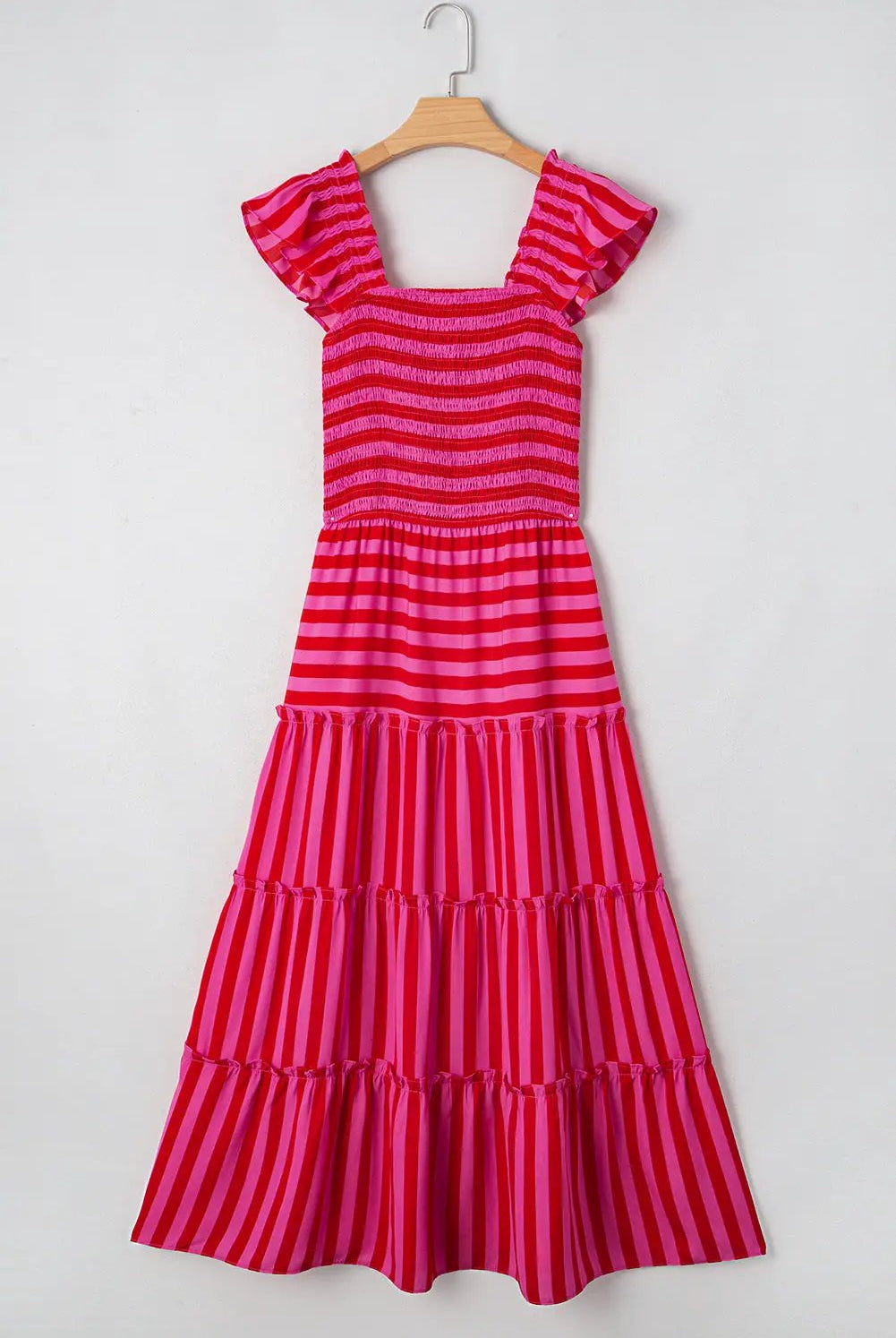 Grateful Threads Boutique Rose Stripe Flutter Sleeve Smocked Bodice Tiered Maxi Dress - Dresses Rose Stripe Flutter Sleeve Smocked Bodice Tiered Maxi Dress
