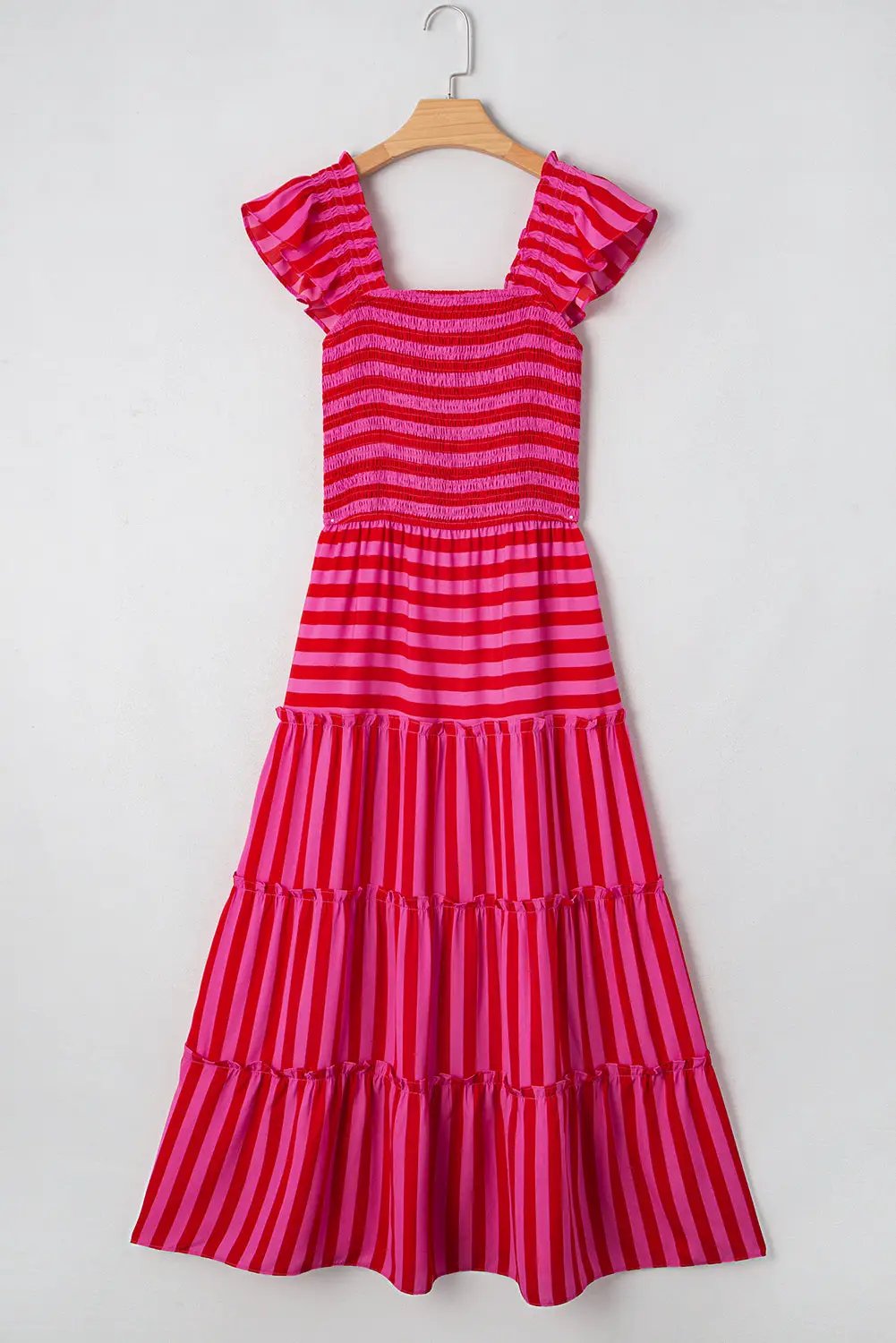 Grateful Threads Boutique Rose Stripe Flutter Sleeve Smocked Bodice Tiered Maxi Dress - Dresses Rose Stripe Flutter Sleeve Smocked Bodice Tiered Maxi Dress