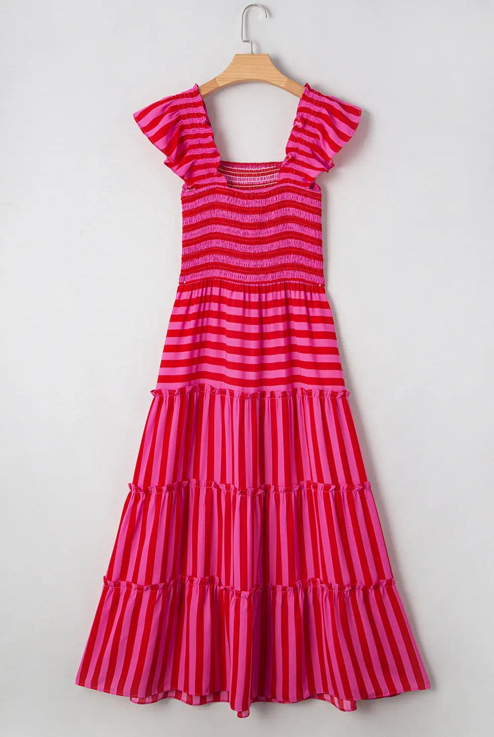 Grateful Threads Boutique Rose Stripe Flutter Sleeve Smocked Bodice Tiered Maxi Dress - Dresses Rose Stripe Flutter Sleeve Smocked Bodice Tiered Maxi Dress
