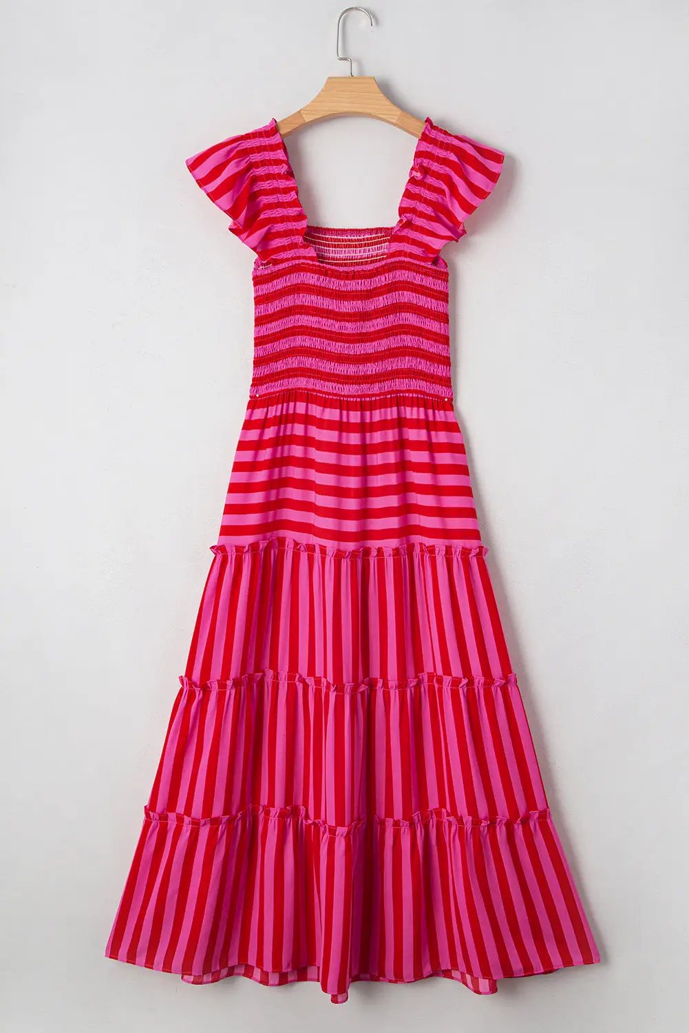 Grateful Threads Boutique Rose Stripe Flutter Sleeve Smocked Bodice Tiered Maxi Dress - Dresses Rose Stripe Flutter Sleeve Smocked Bodice Tiered Maxi Dress