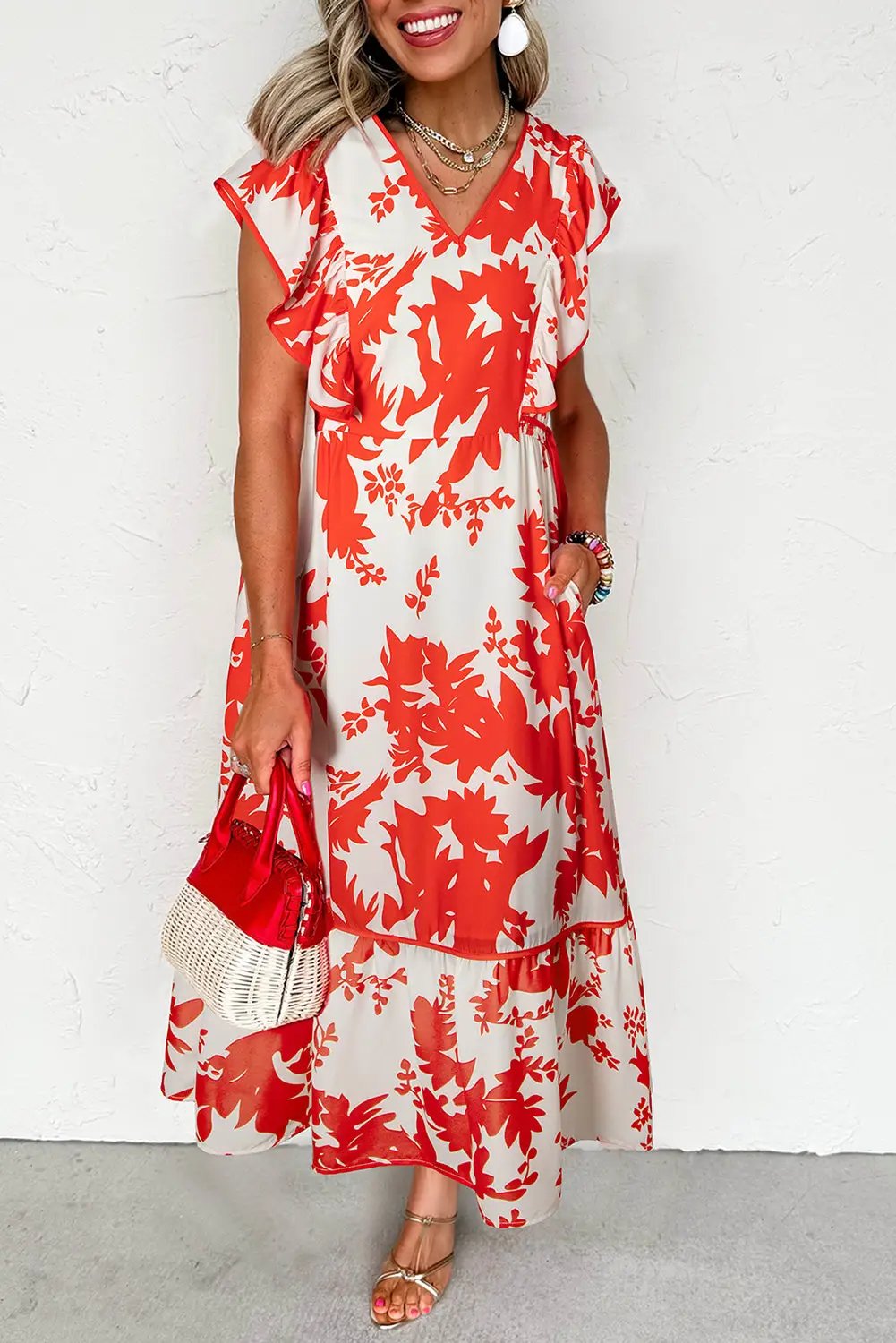 Grateful Threads Boutique Red Floral Print Trimmed V-Neck Ruffle Sleeve Long Dress - Dresses Red Floral Print Trimmed V Neck Ruffle Sleeve Long Dress