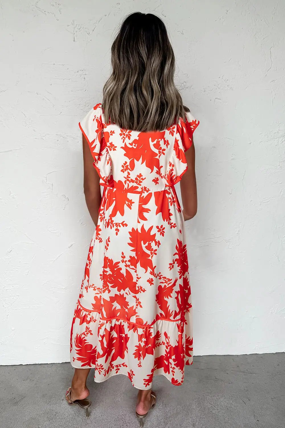 Grateful Threads Boutique Red Floral Print Trimmed V-Neck Ruffle Sleeve Long Dress - Dresses Red Floral Print Trimmed V Neck Ruffle Sleeve Long Dress