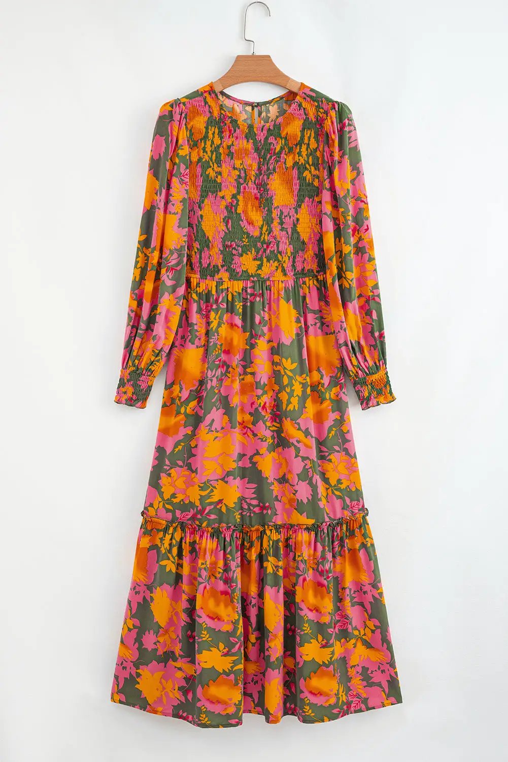 Grateful Threads Boutique Orange Floral Puff Sleeve Smocked Bodice Ruffled Long Dress - Dresses Orange Floral Puff Sleeve Smocked Bodice Ruffled Long Dress