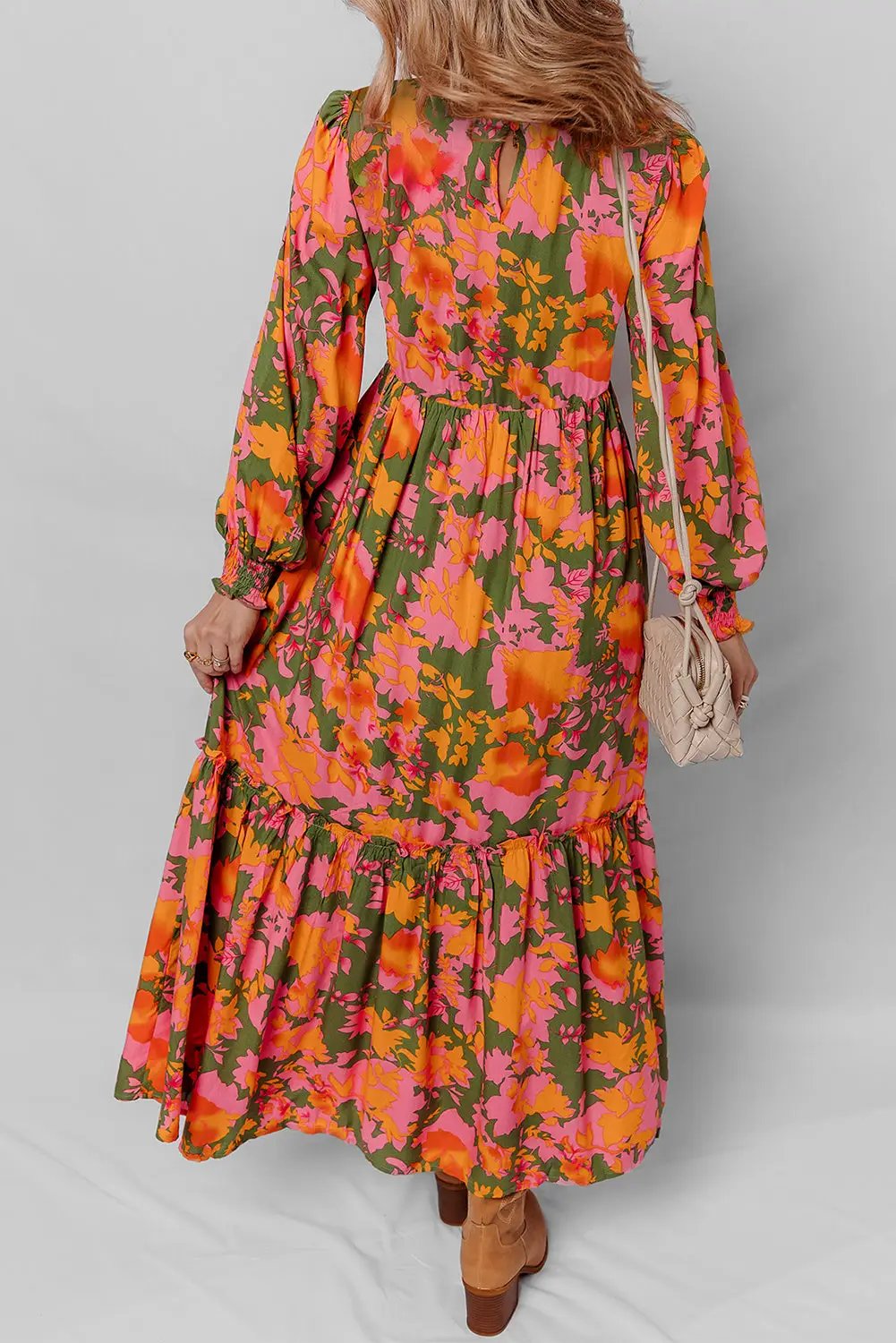 Grateful Threads Boutique Orange Floral Puff Sleeve Smocked Bodice Ruffled Long Dress - Dresses Orange Floral Puff Sleeve Smocked Bodice Ruffled Long Dress