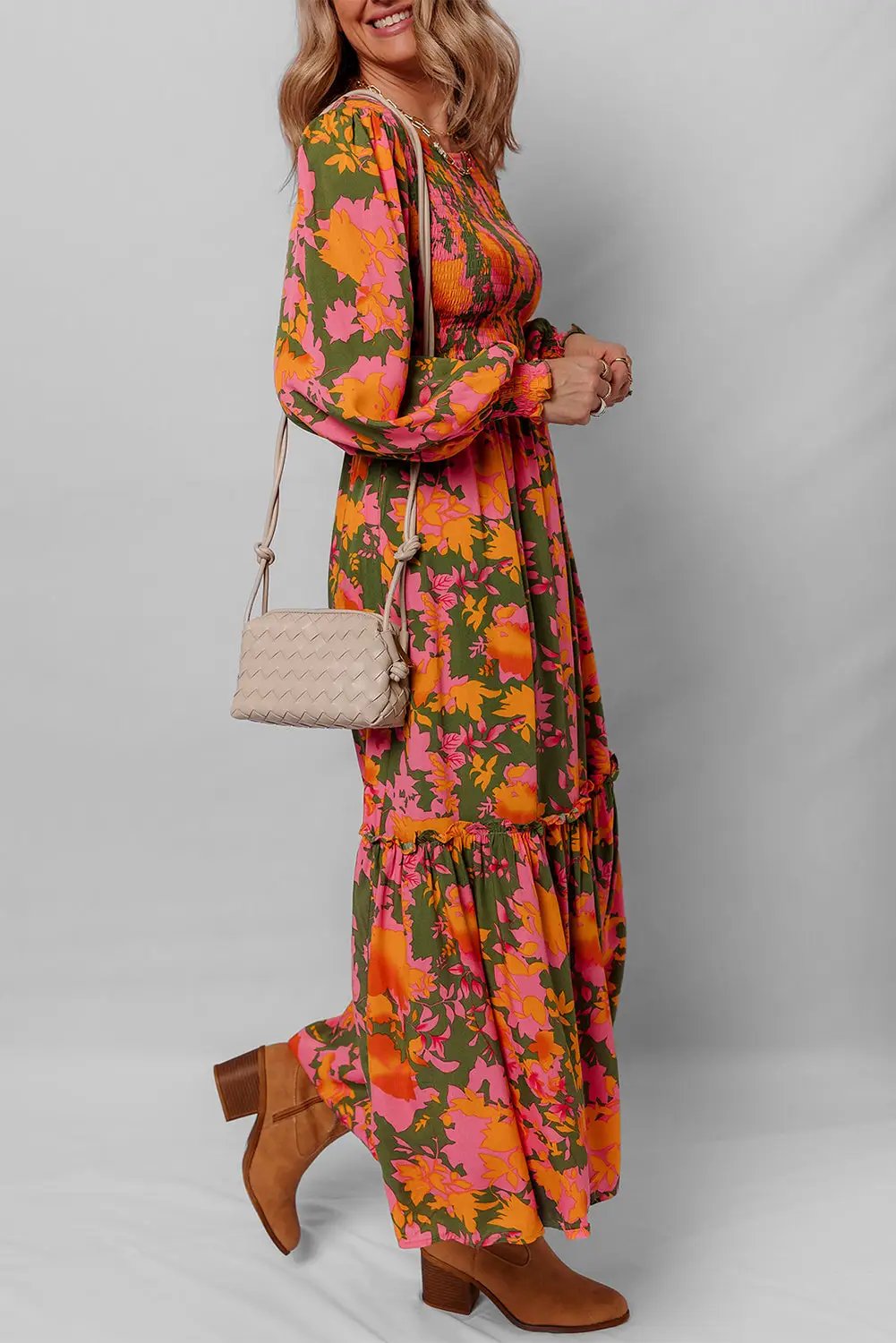 Grateful Threads Boutique Orange Floral Puff Sleeve Smocked Bodice Ruffled Long Dress - Dresses Orange Floral Puff Sleeve Smocked Bodice Ruffled Long Dress