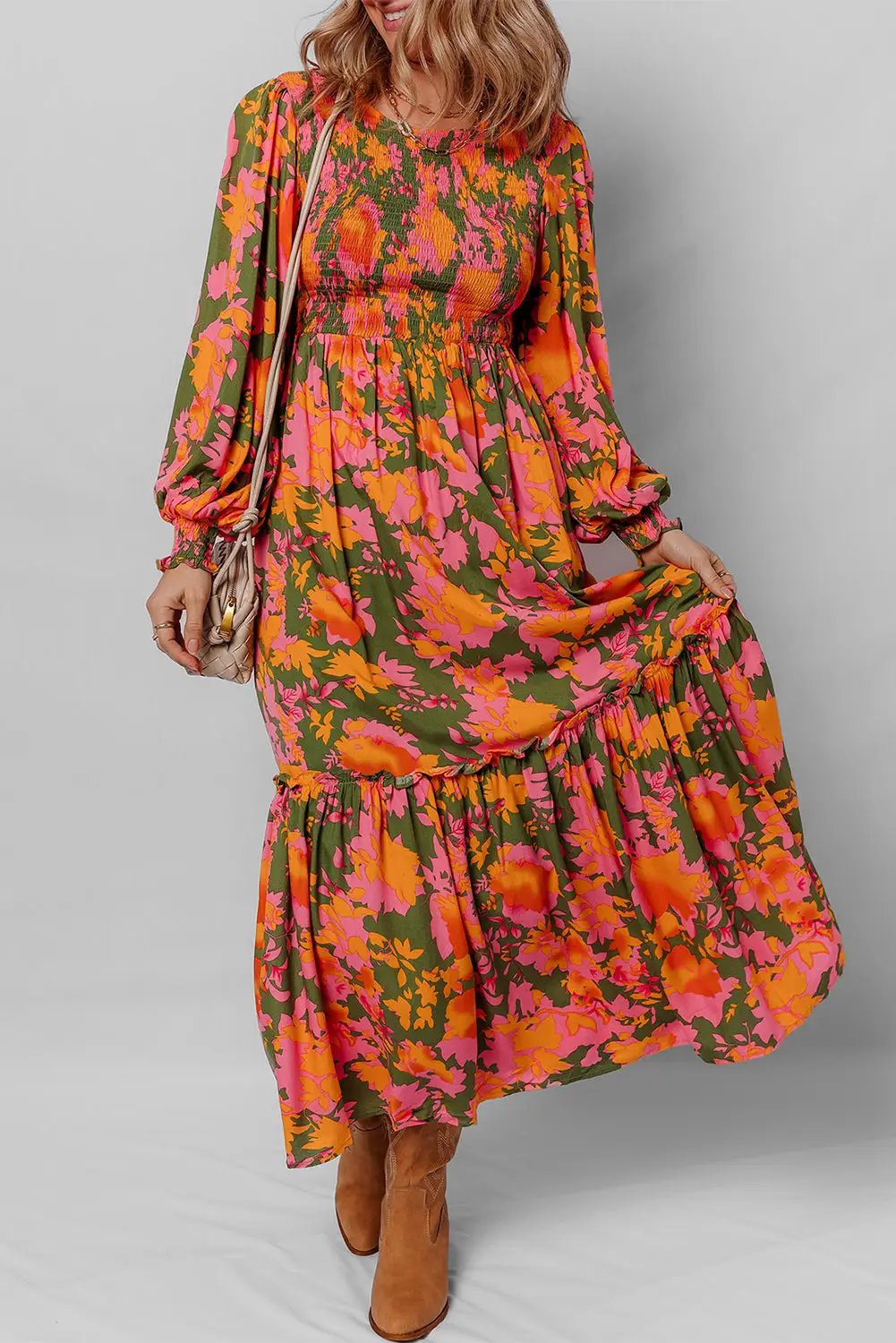 Grateful Threads Boutique Orange Floral Puff Sleeve Smocked Bodice Ruffled Long Dress - Dresses Orange Floral Puff Sleeve Smocked Bodice Ruffled Long Dress
