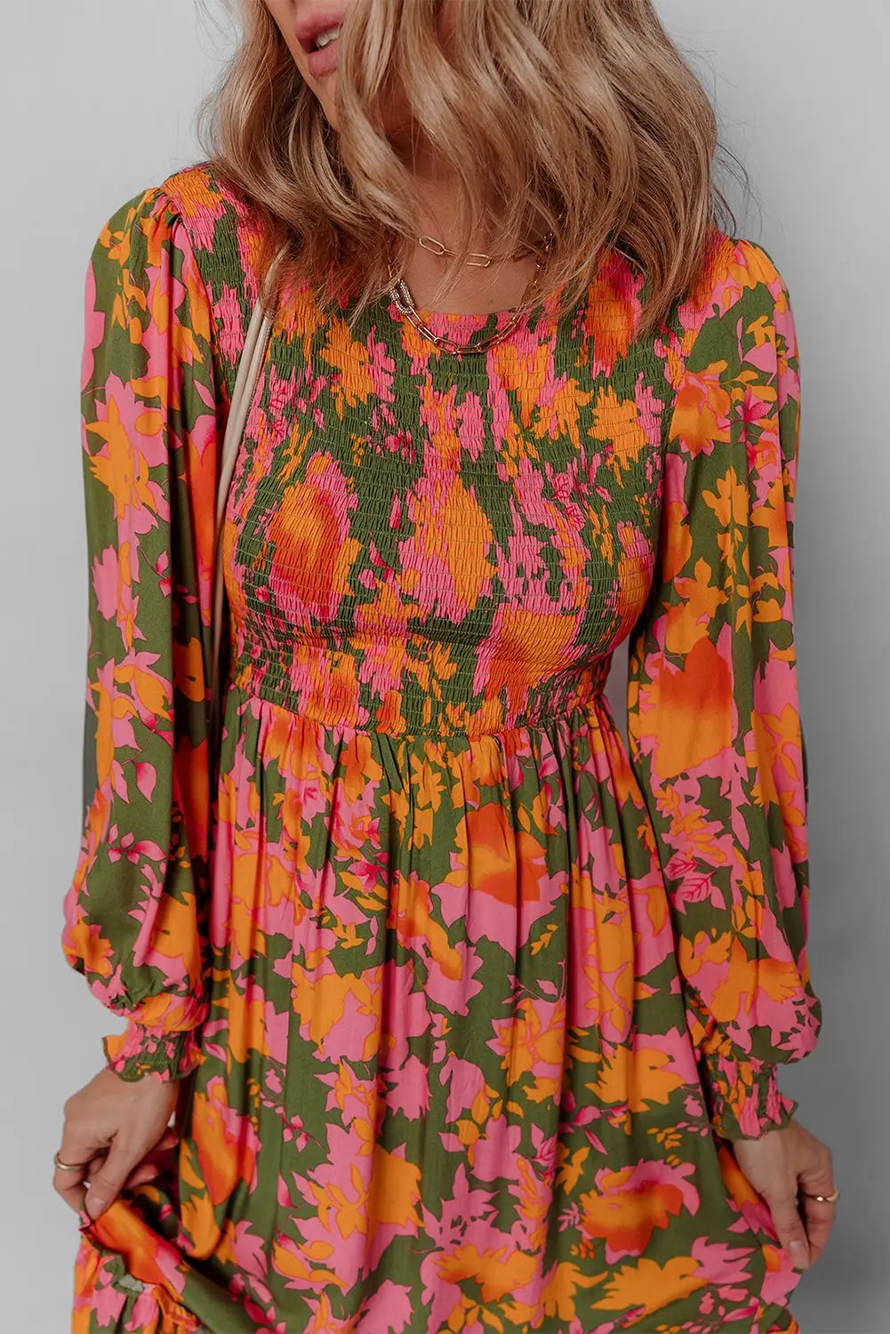 Grateful Threads Boutique Orange Floral Puff Sleeve Smocked Bodice Ruffled Long Dress - Dresses Orange Floral Puff Sleeve Smocked Bodice Ruffled Long Dress