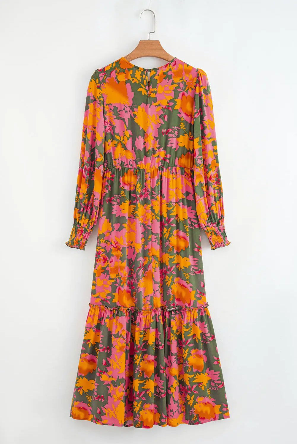 Grateful Threads Boutique Orange Floral Puff Sleeve Smocked Bodice Ruffled Long Dress - Dresses Orange Floral Puff Sleeve Smocked Bodice Ruffled Long Dress