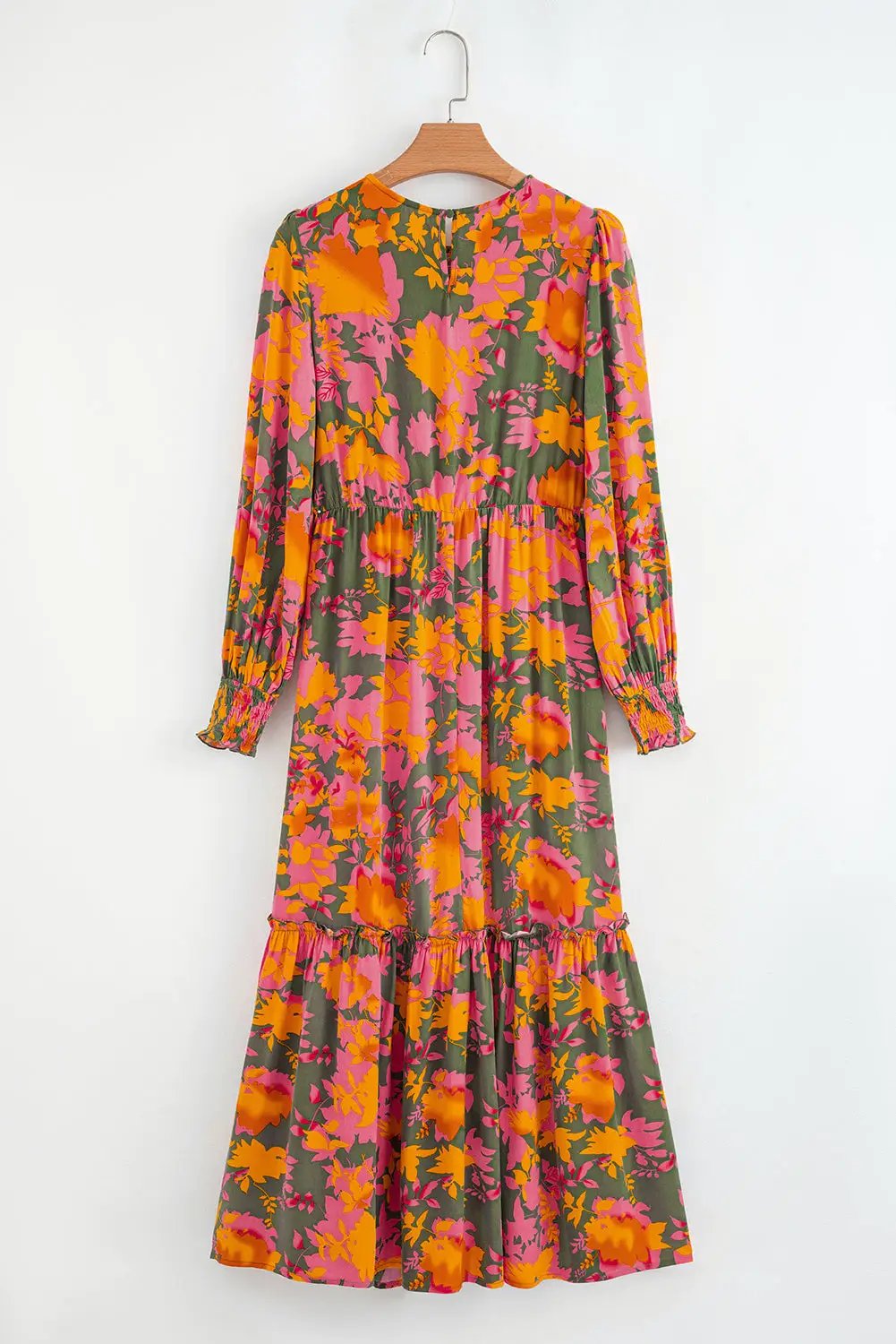Grateful Threads Boutique Orange Floral Puff Sleeve Smocked Bodice Ruffled Long Dress - Dresses Orange Floral Puff Sleeve Smocked Bodice Ruffled Long Dress