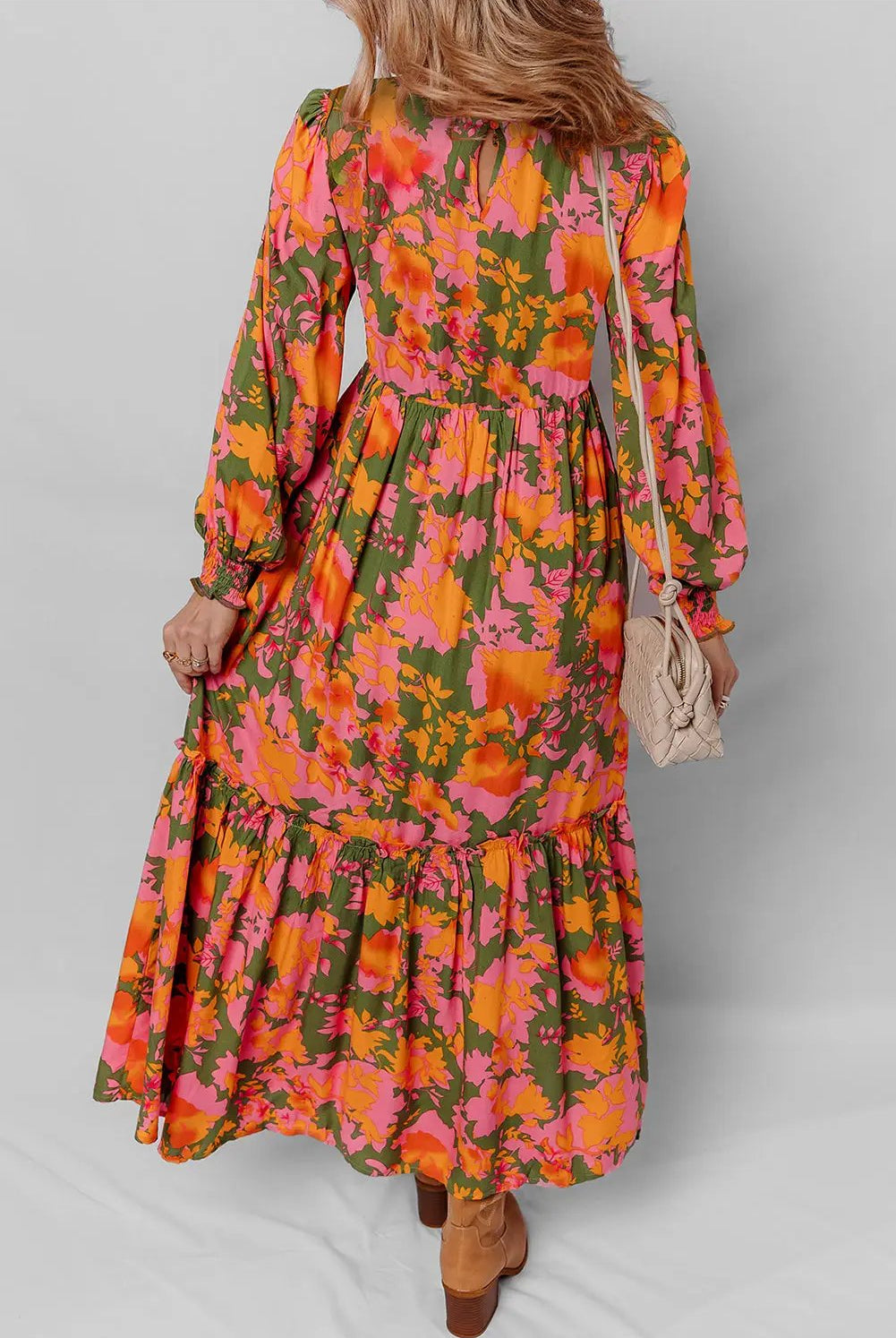 Grateful Threads Boutique Orange Floral Puff Sleeve Smocked Bodice Ruffled Long Dress - Dresses Orange Floral Puff Sleeve Smocked Bodice Ruffled Long Dress