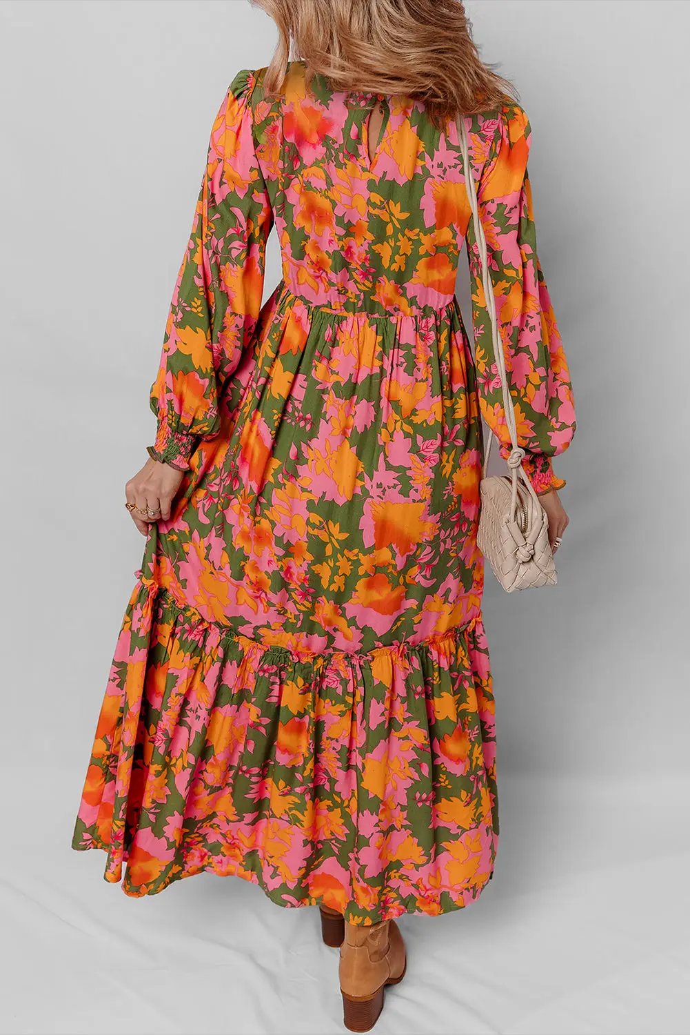 Grateful Threads Boutique Orange Floral Puff Sleeve Smocked Bodice Ruffled Long Dress - Dresses Orange Floral Puff Sleeve Smocked Bodice Ruffled Long Dress