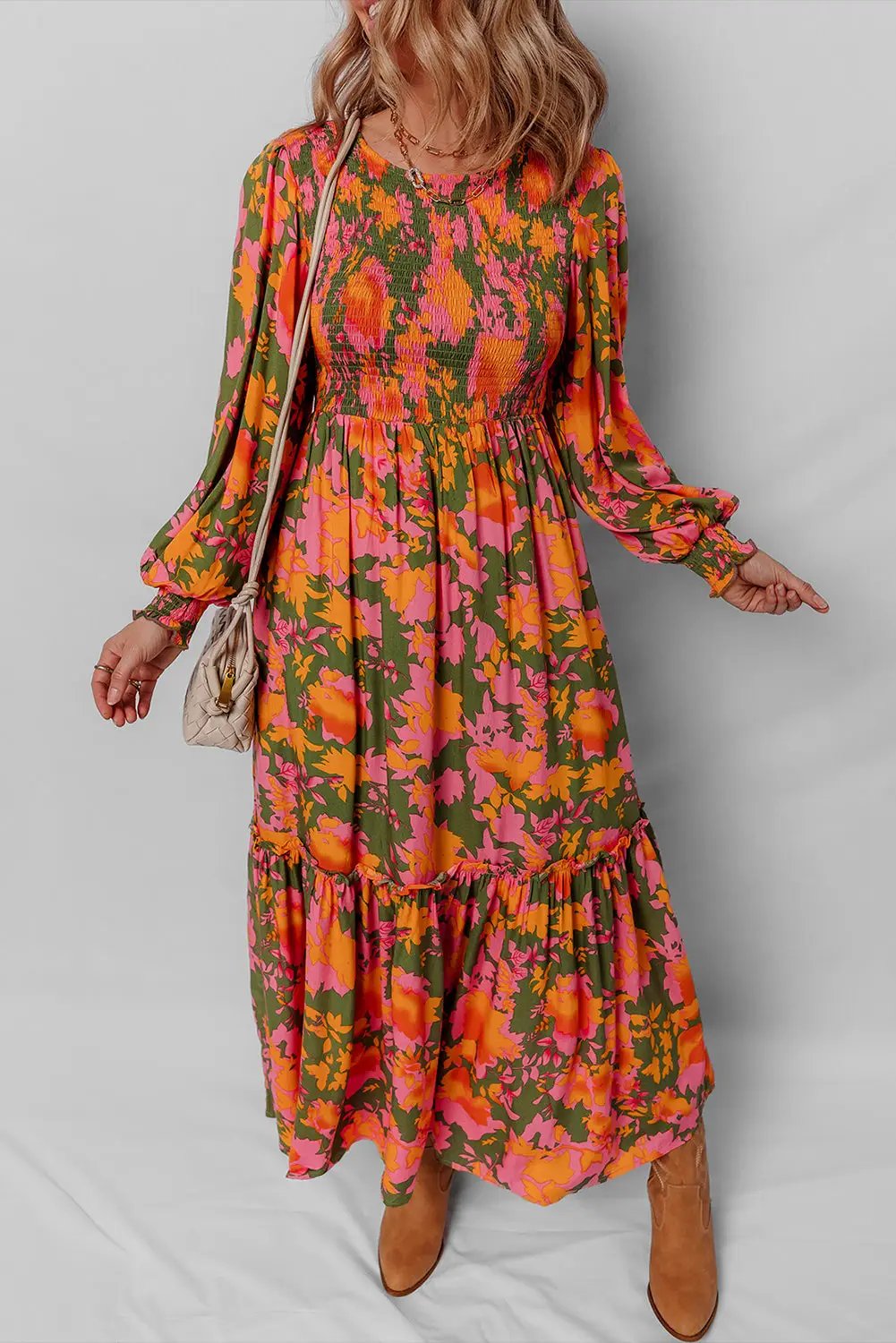 Grateful Threads Boutique Orange Floral Puff Sleeve Smocked Bodice Ruffled Long Dress - Dresses Orange Floral Puff Sleeve Smocked Bodice Ruffled Long Dress
