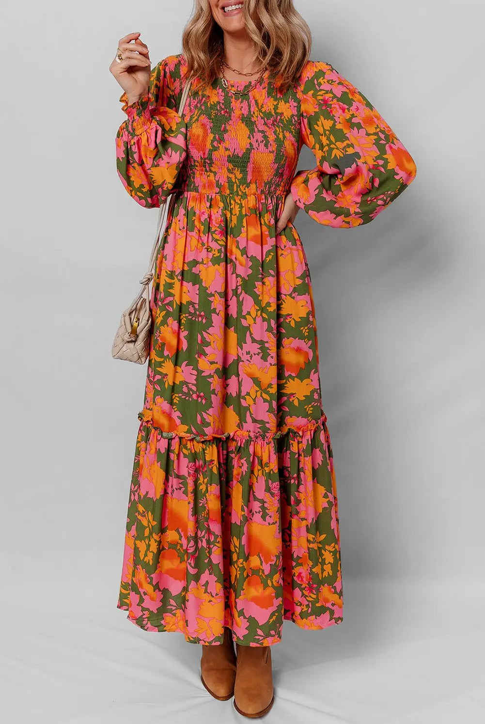 Grateful Threads Boutique Orange Floral Puff Sleeve Smocked Bodice Ruffled Long Dress - Dresses Orange Floral Puff Sleeve Smocked Bodice Ruffled Long Dress