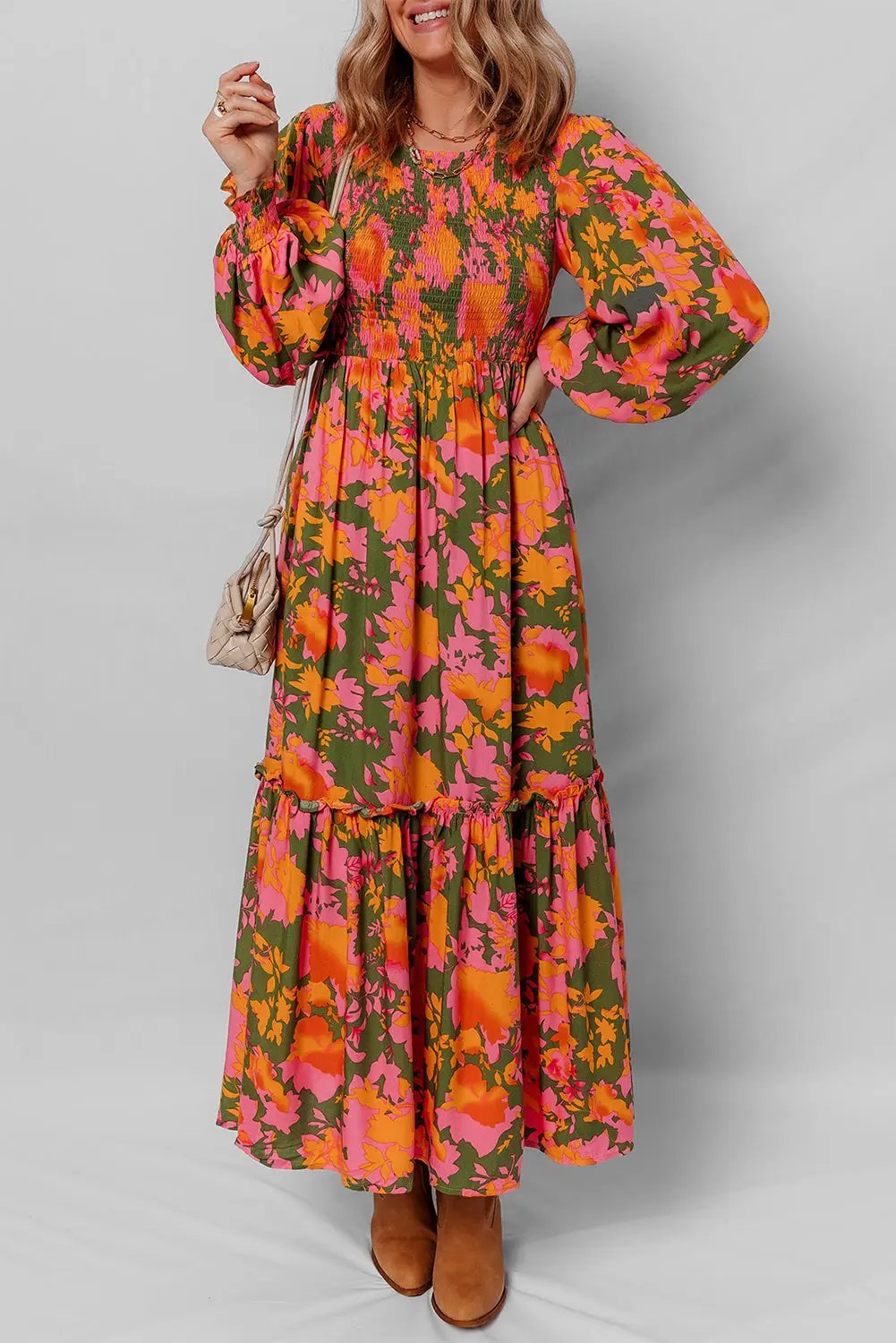 Grateful Threads Boutique Orange Floral Puff Sleeve Smocked Bodice Ruffled Long Dress - Dresses Orange Floral Puff Sleeve Smocked Bodice Ruffled Long Dress