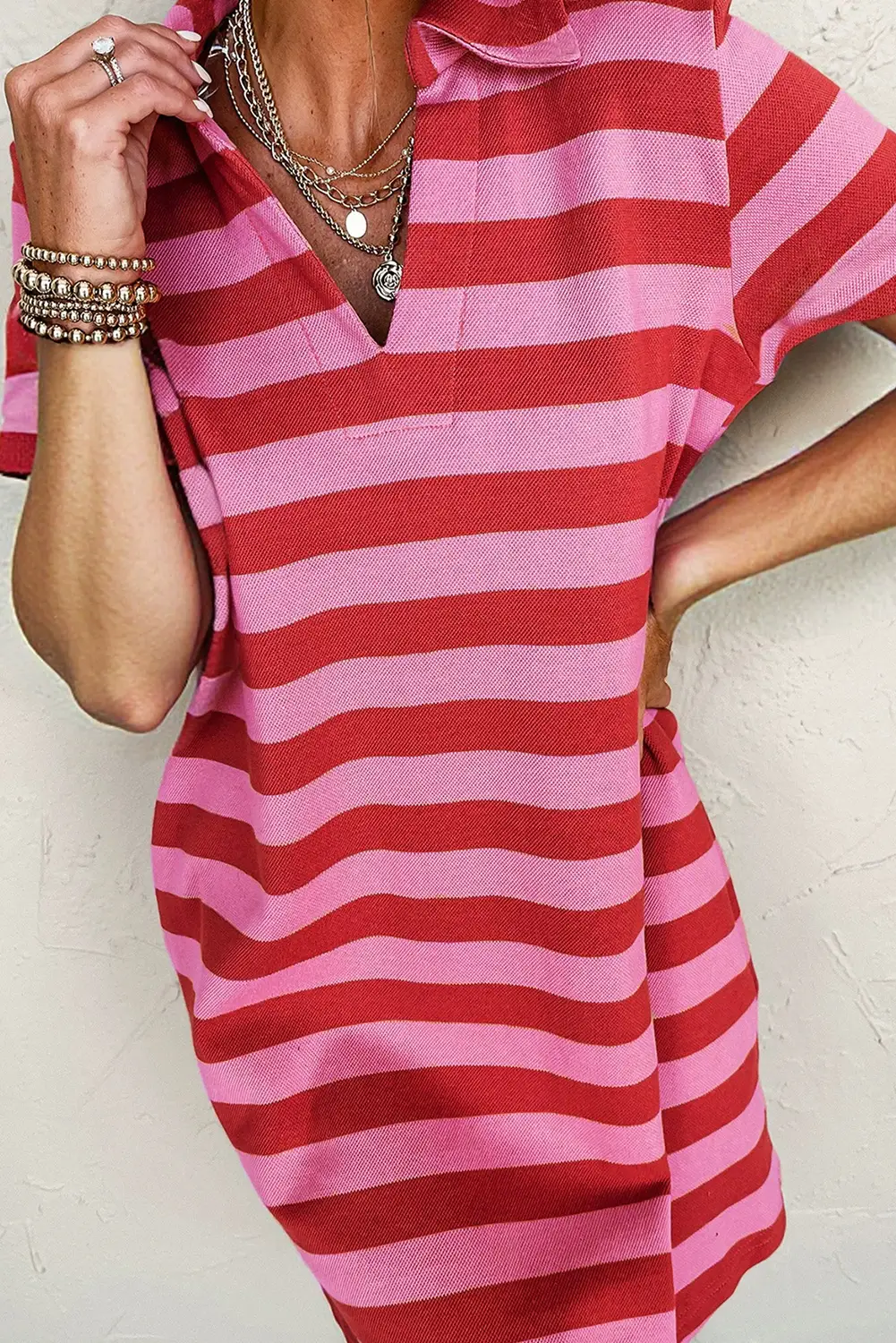 Grateful Threads Boutique Red Stripe Textured Knit Collared V-Neck Shift T-Shirt Dress - Dresses Red Stripe Textured Knit Collared V Neck Shift T Shirt Dress