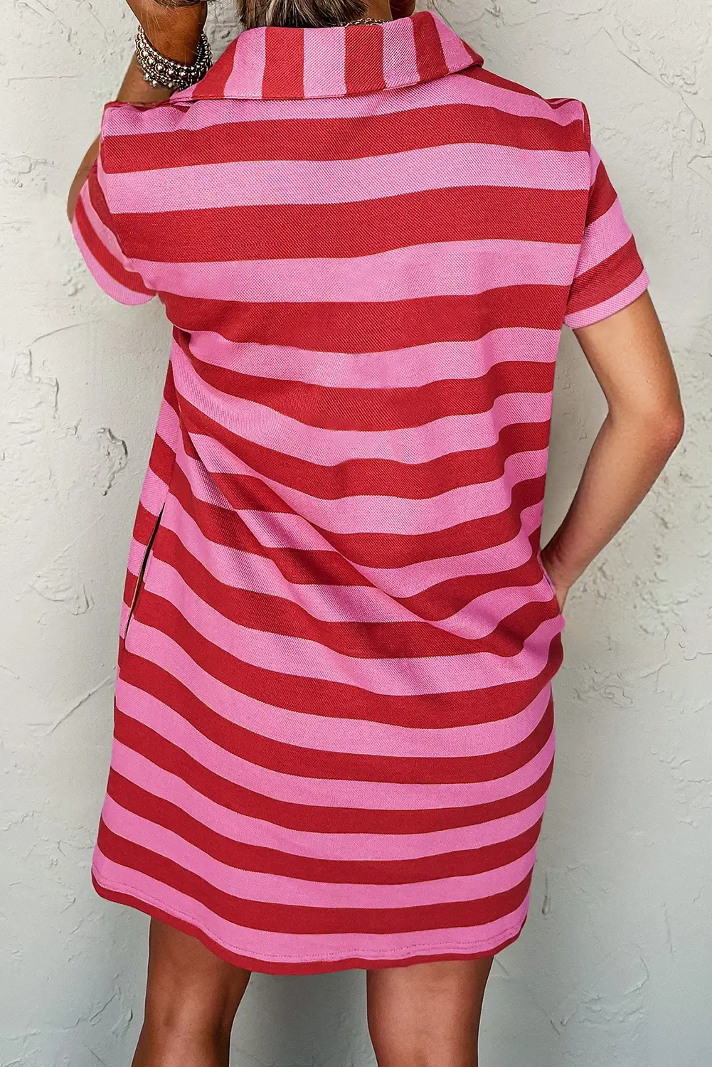 Grateful Threads Boutique Red Stripe Textured Knit Collared V-Neck Shift T-Shirt Dress - Dresses Red Stripe Textured Knit Collared V Neck Shift T Shirt Dress