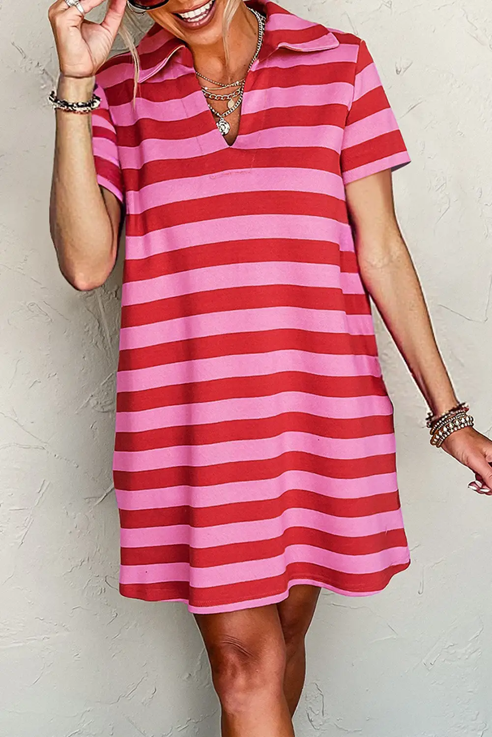 Grateful Threads Boutique Red Stripe Textured Knit Collared V-Neck Shift T-Shirt Dress - Dresses Red Stripe Textured Knit Collared V Neck Shift T Shirt Dress