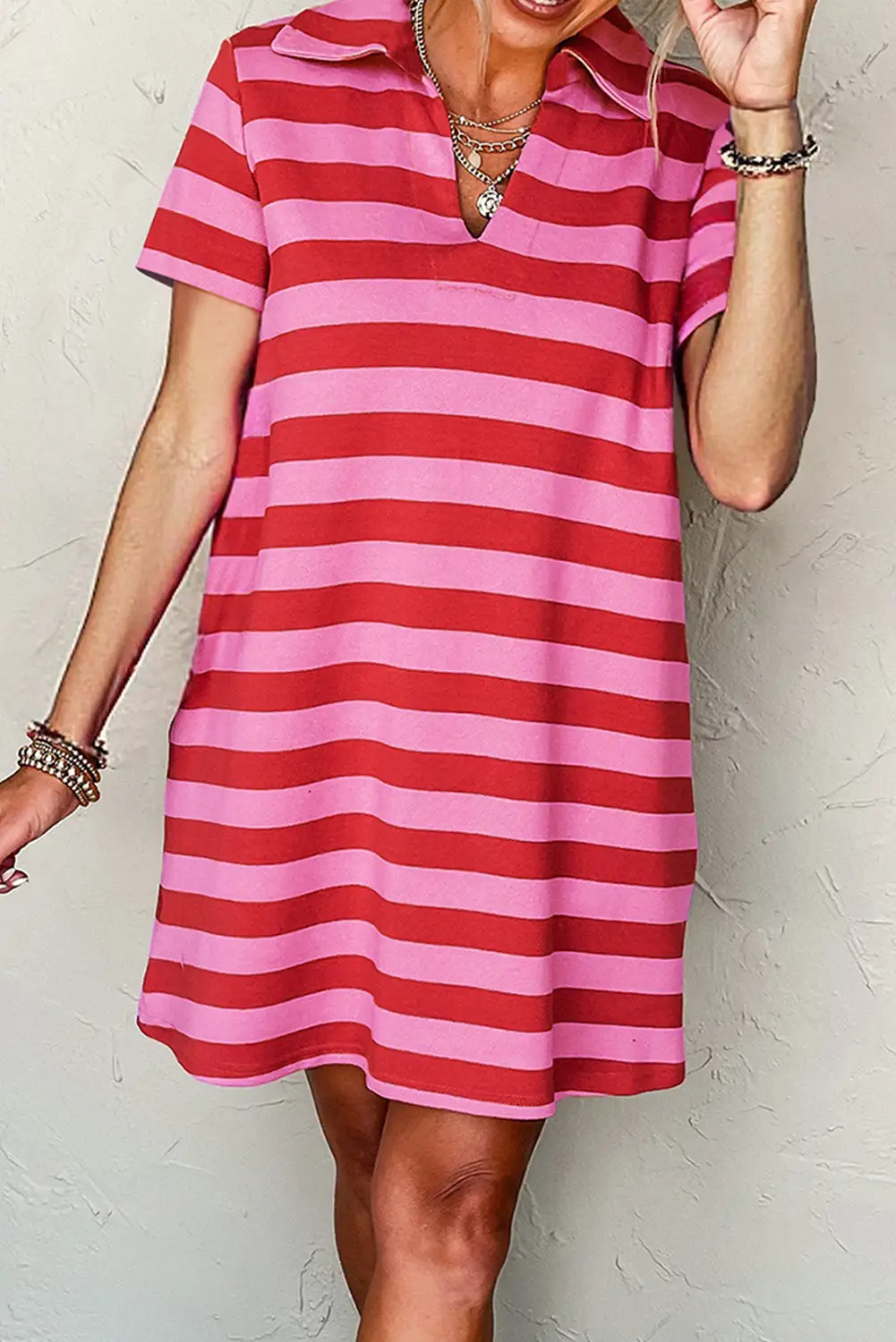 Grateful Threads Boutique Red Stripe Textured Knit Collared V-Neck Shift T-Shirt Dress - Dresses Red Stripe Textured Knit Collared V Neck Shift T Shirt Dress