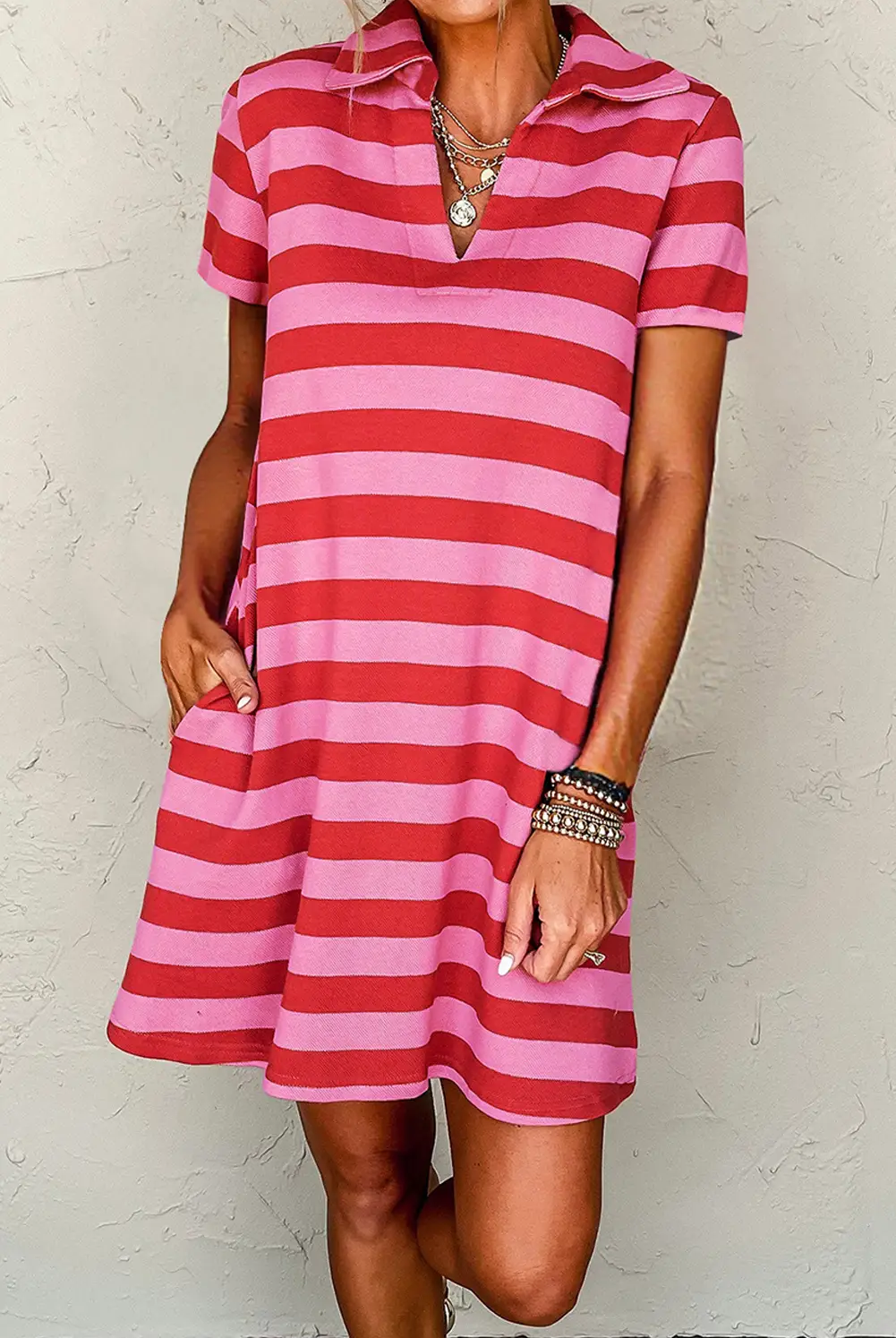 Grateful Threads Boutique Red Stripe Textured Knit Collared V-Neck Shift T-Shirt Dress - Dresses Red Stripe Textured Knit Collared V Neck Shift T Shirt Dress
