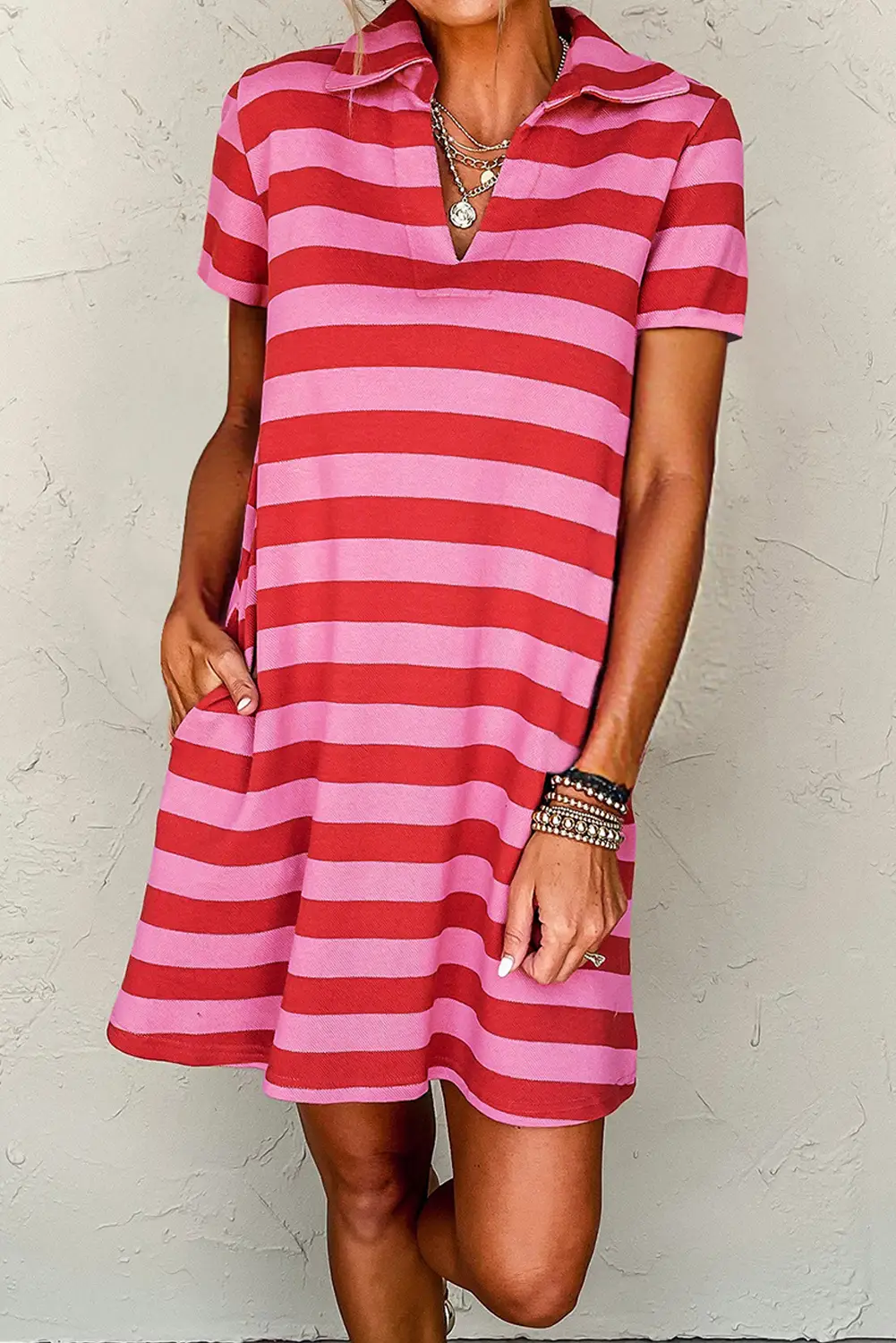 Grateful Threads Boutique Red Stripe Textured Knit Collared V-Neck Shift T-Shirt Dress - Dresses Red Stripe Textured Knit Collared V Neck Shift T Shirt Dress