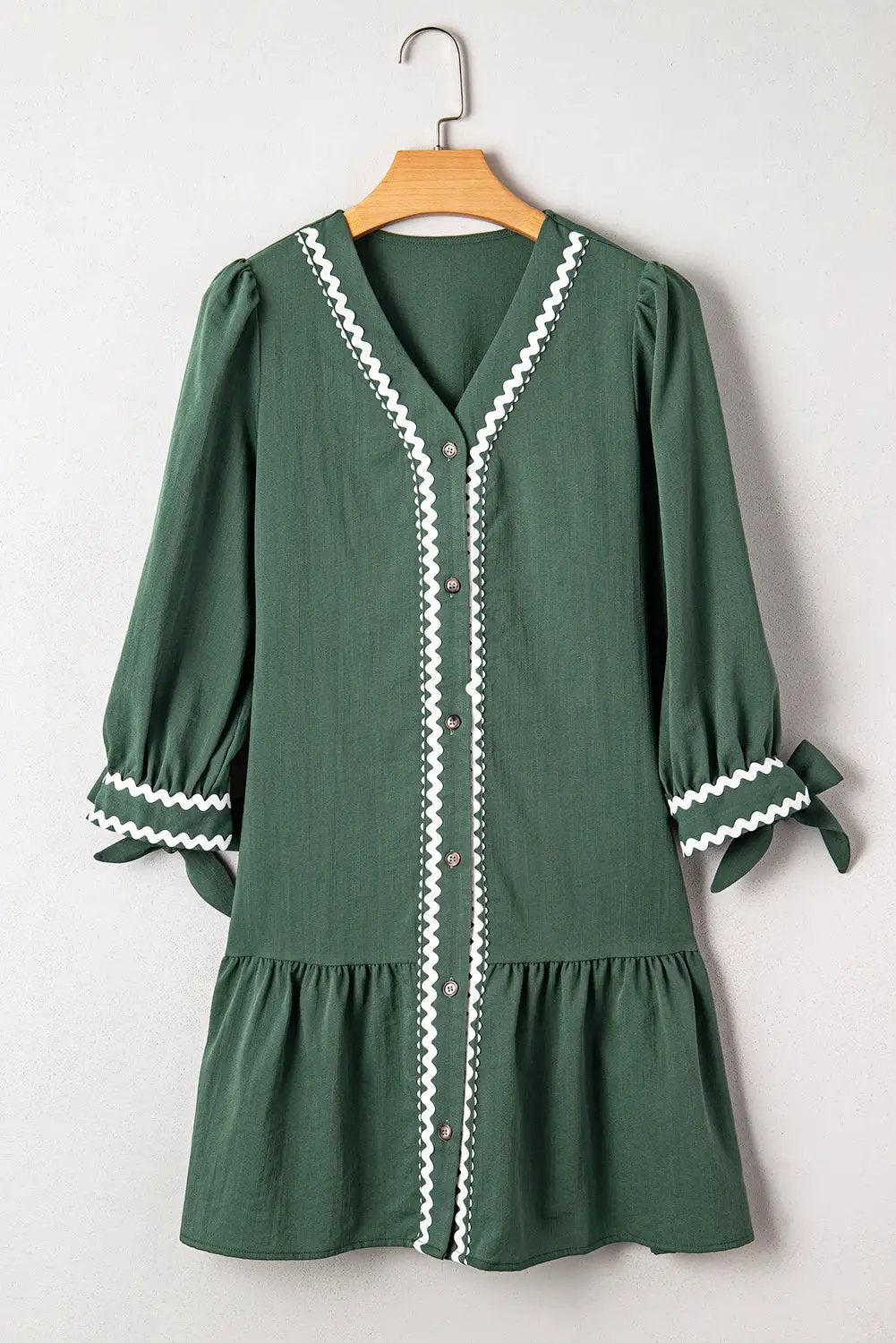 Grateful Threads Boutique Canton Knot Bracelet Sleeve Contrast Ricrac Trim Button V-Neck Shift Dress - Dresses Canton Knot Bracelet Sleeve Contrast Ricrac Trim Button V Neck Shift Dress