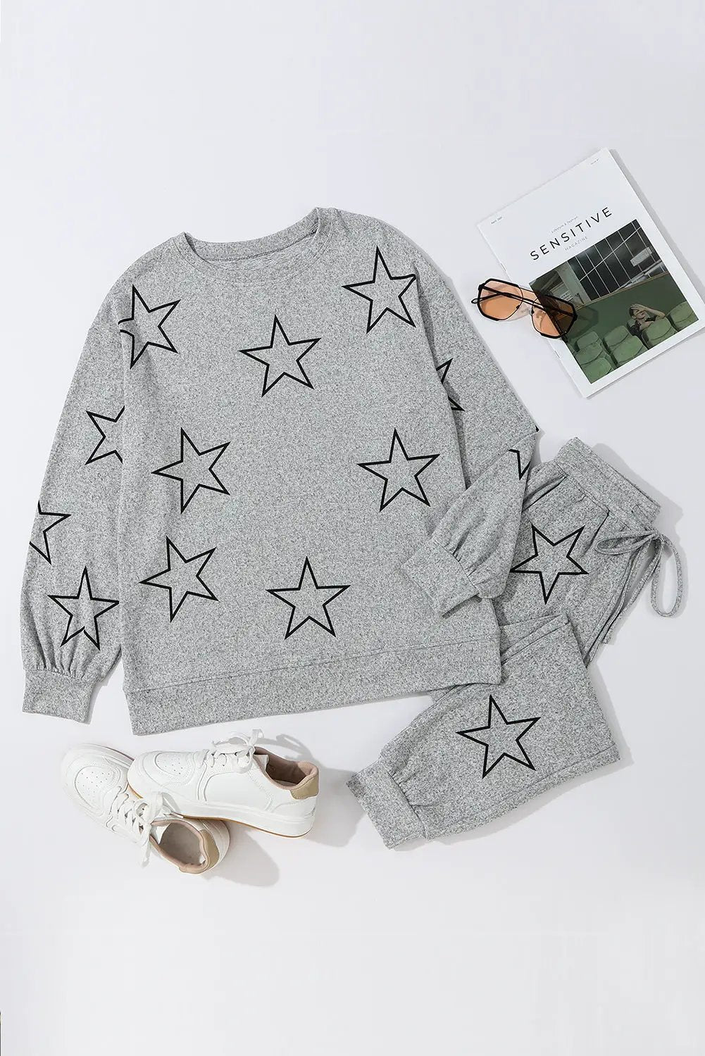Grateful Threads Boutique Gray Stars Print Long Sleeve Drawstring High Waist Lounge Set - Loungewear