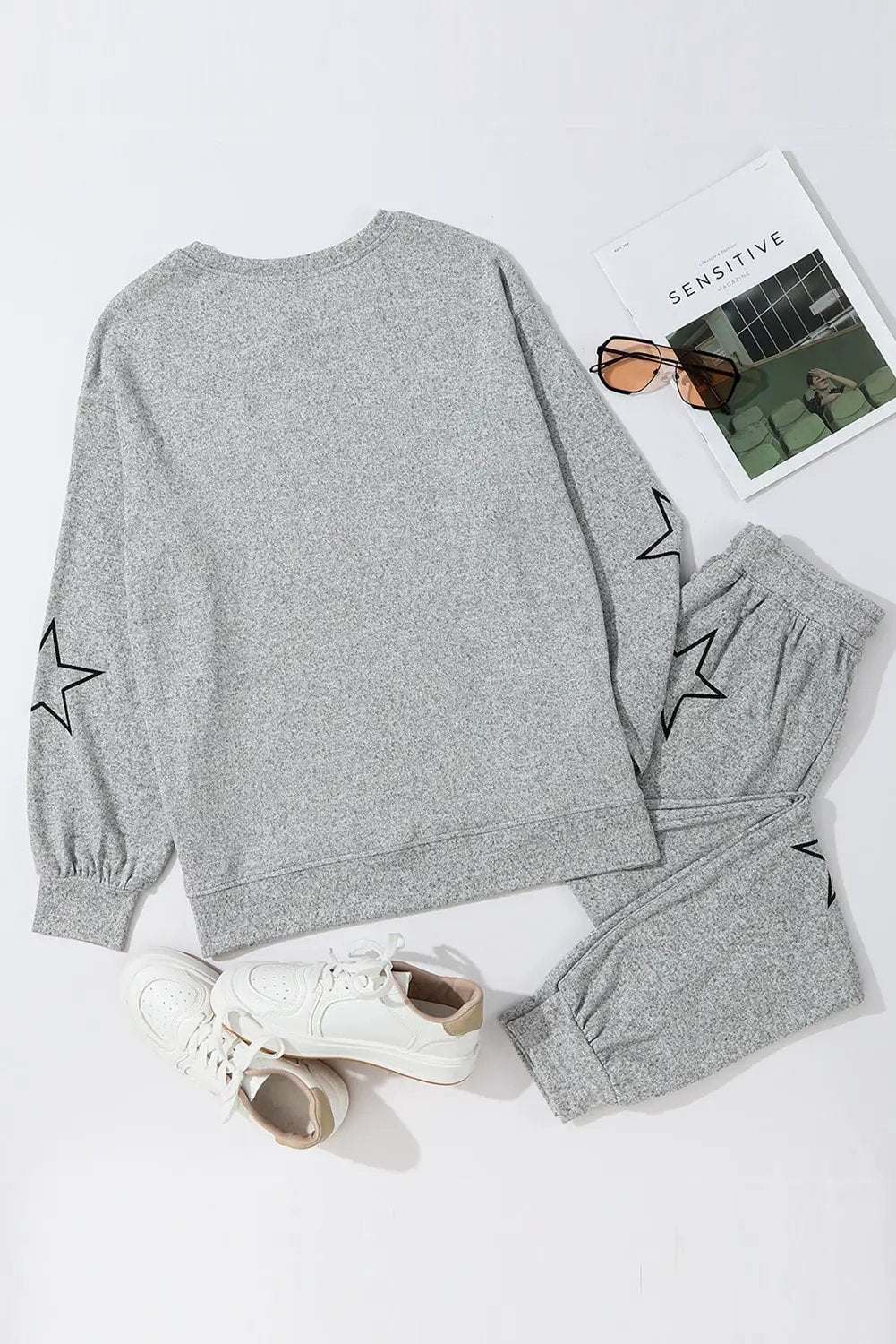 Grateful Threads Boutique Gray Stars Print Long Sleeve Drawstring High Waist Lounge Set - Loungewear