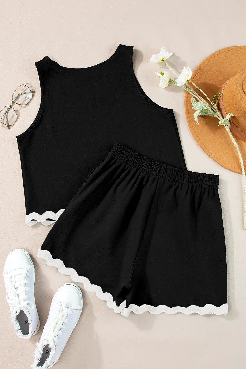 Grateful Threads Boutique The Sweet & Simple Ricrac Lounge Set - Outfit Sets Black Ricrac Trim Tank Top Elastic Waist Shorts Set