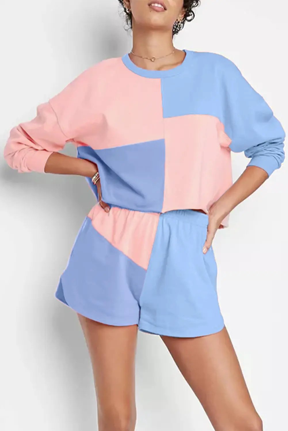 Grateful Threads Boutique Sky Blue Colorblock Patchwork Long Sleeve Shorts Set - Outfit Sets Sky Blue Colorblock Patchwork Long Sleeve Shorts Outfit