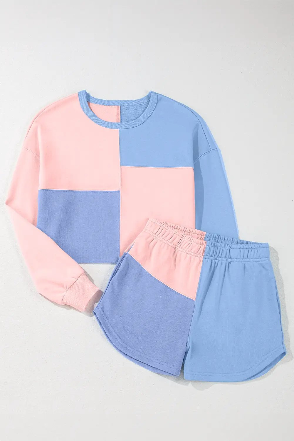 Grateful Threads Boutique Sky Blue Colorblock Patchwork Long Sleeve Shorts Set - Outfit Sets Sky Blue Colorblock Patchwork Long Sleeve Shorts Outfit