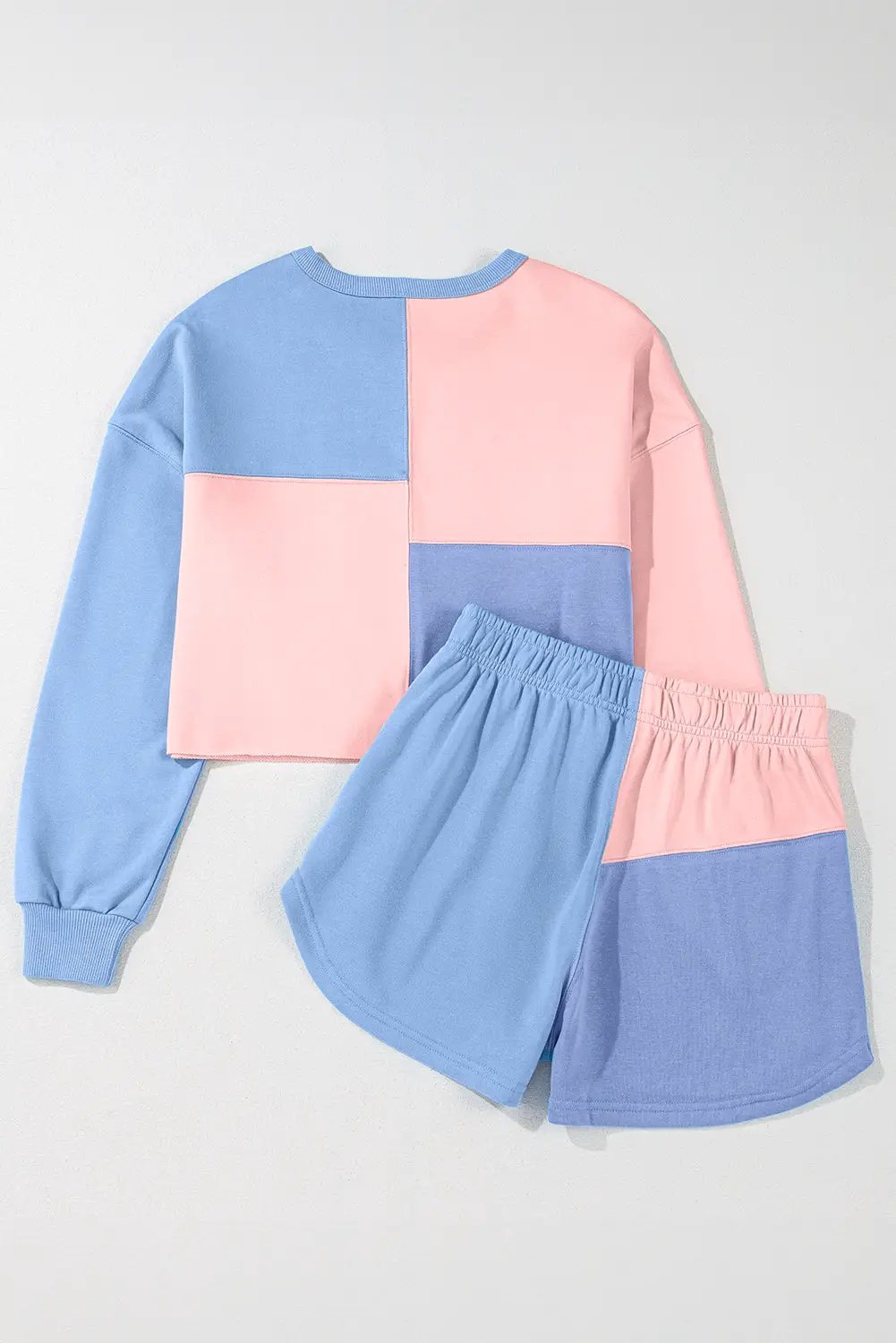 Grateful Threads Boutique Sky Blue Colorblock Patchwork Long Sleeve Shorts Set - Outfit Sets Sky Blue Colorblock Patchwork Long Sleeve Shorts Outfit